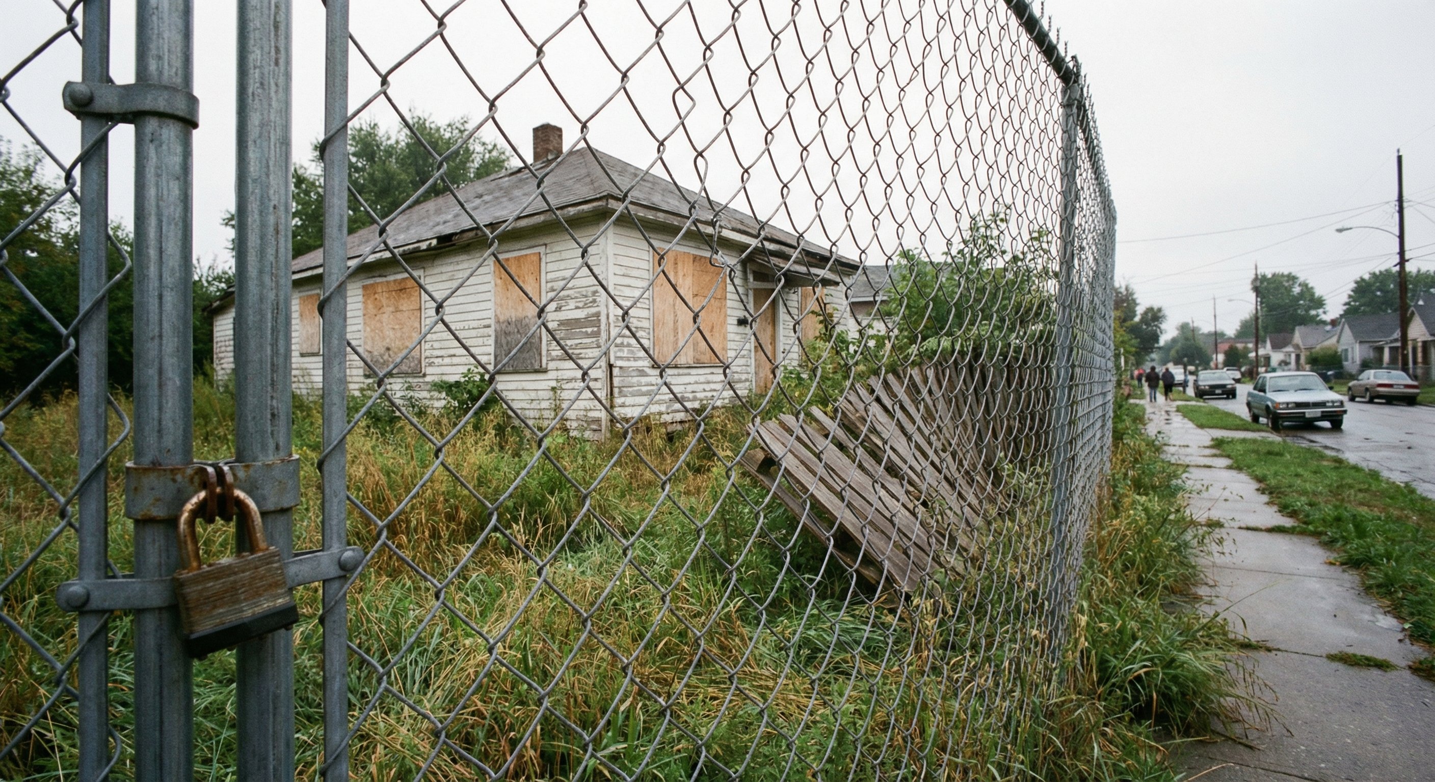 Vacant single-family home secured behind a chain-link fence with padlock, visible property neglect