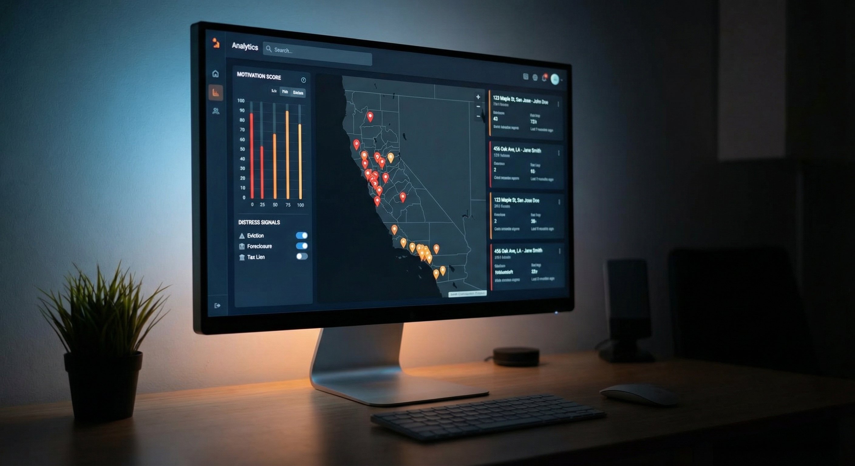 Property intelligence dashboard showing California map with distress signal pin clusters and motivation scores