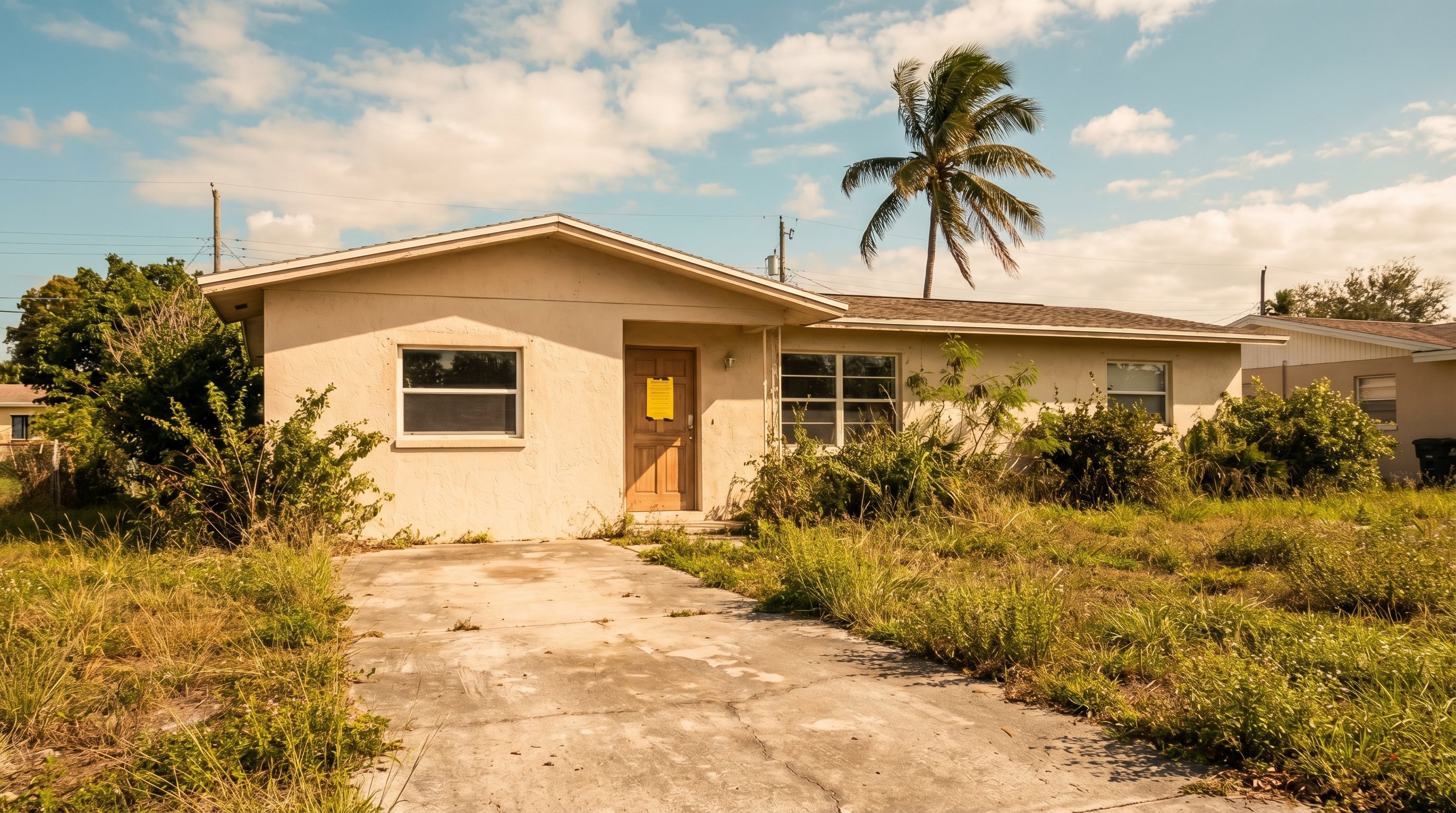 Florida stucco home with visible eviction notice on front door