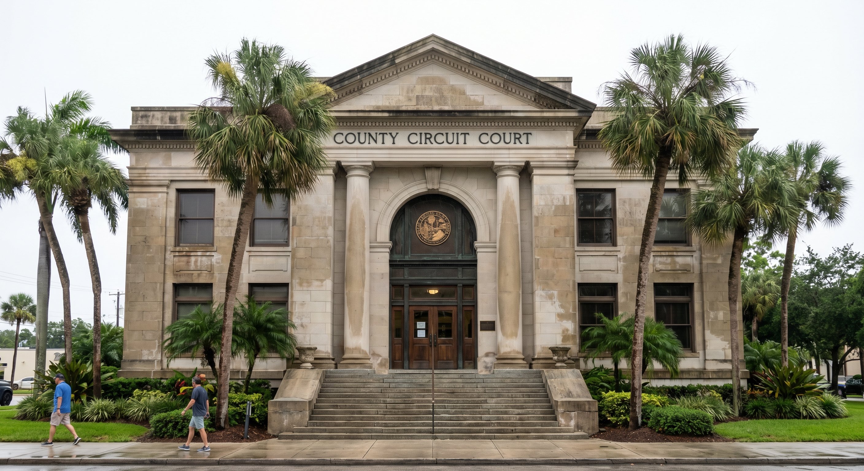 Courthouse exterior with government architecture and Florida state seal