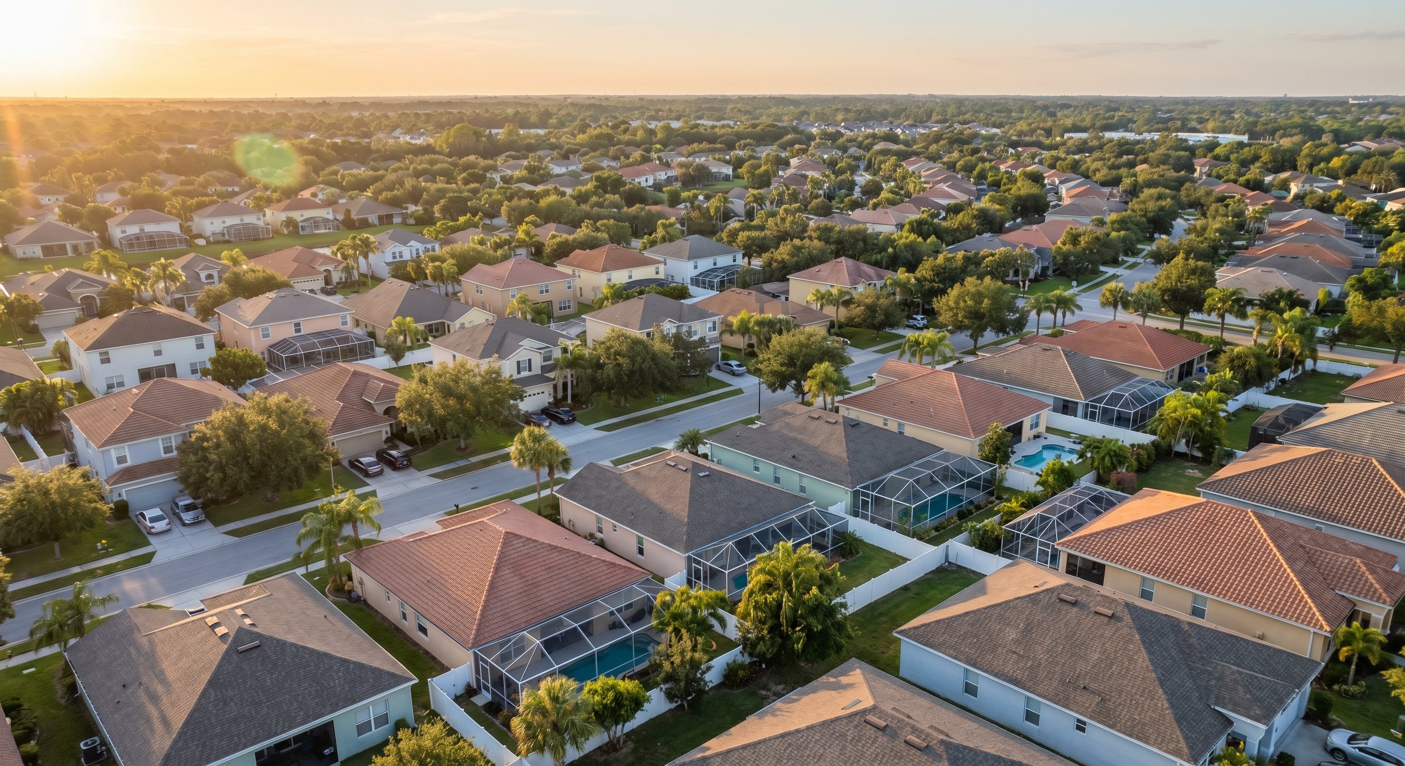 Florida aerial suburban neighborhood with pools and mature trees