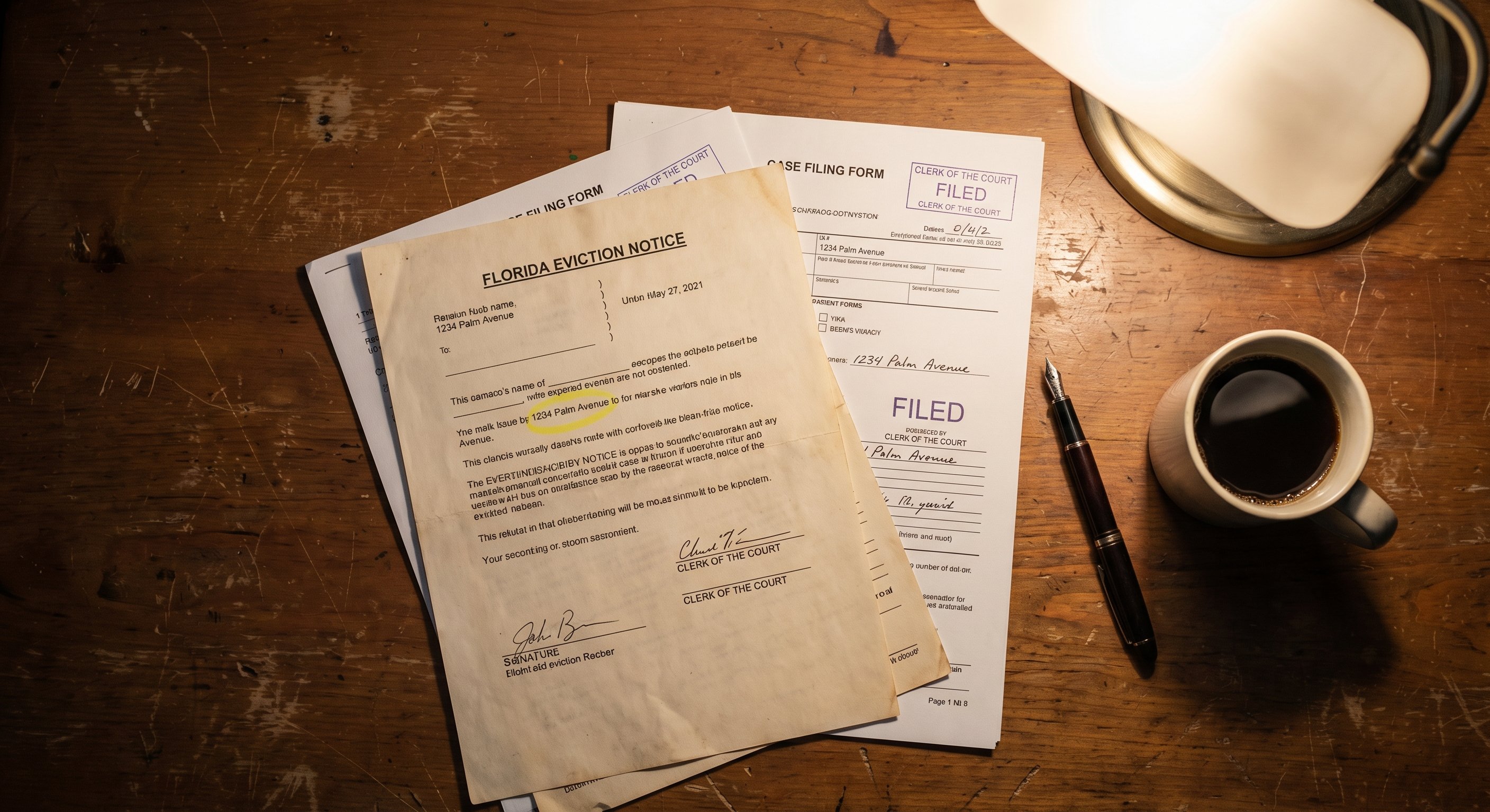 Eviction court documents with Florida case filings on desk