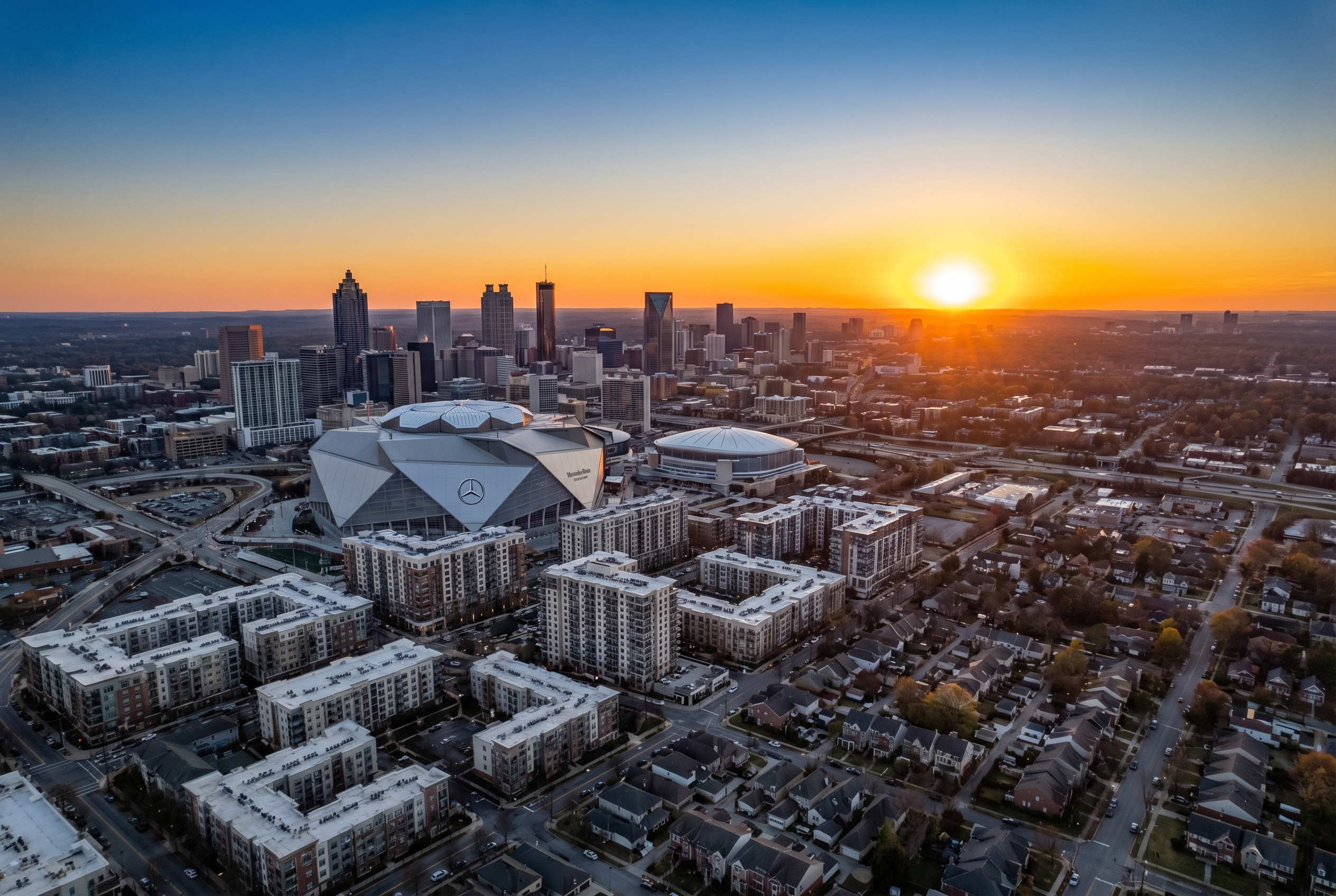 Aerial view of the Atlanta skyline at golden hour with visible apartment buildings and residential neighborhoods