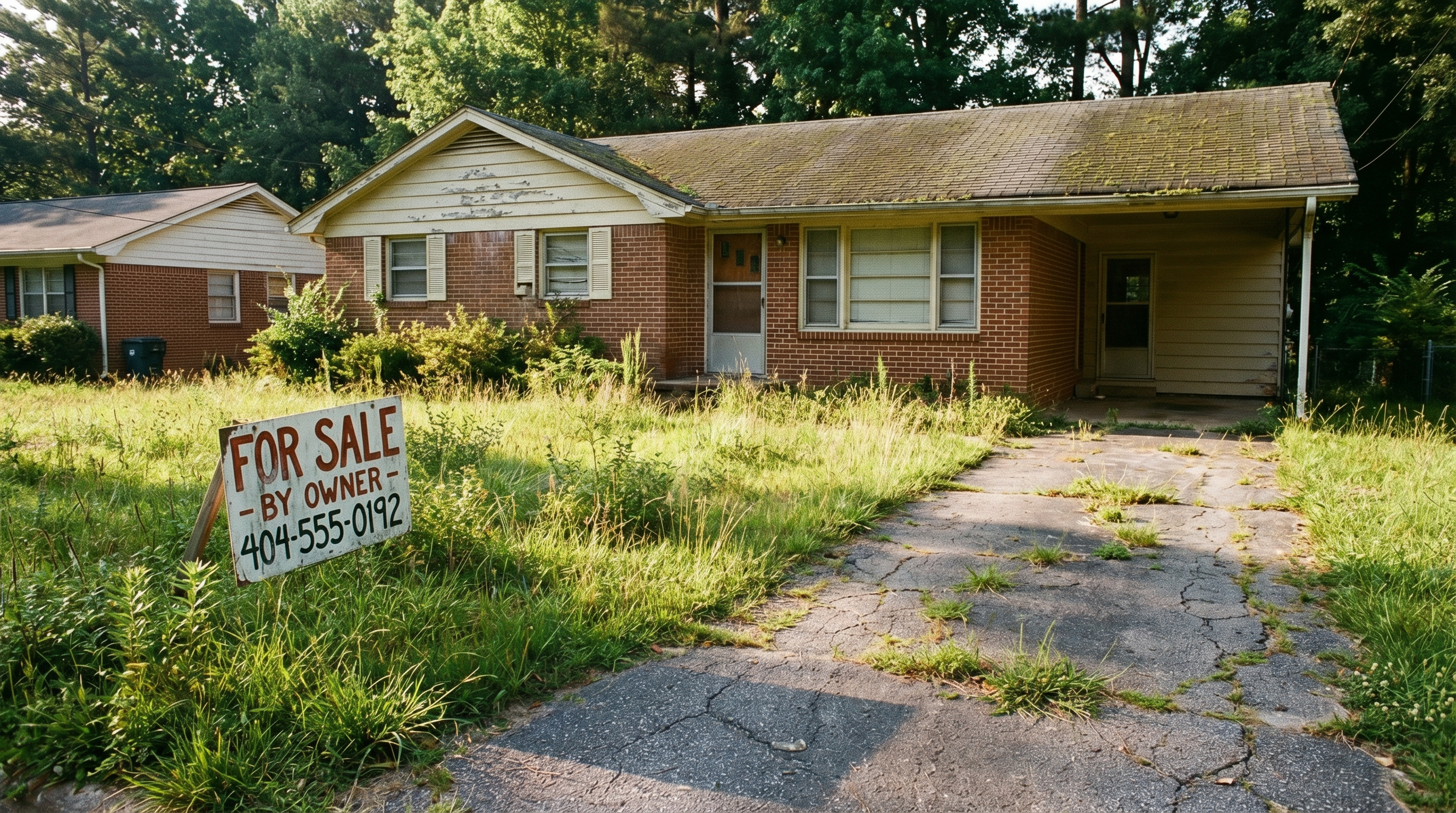 A modest suburban Atlanta home with a weathered for-sale sign, overgrown lawn, and cracked driveway