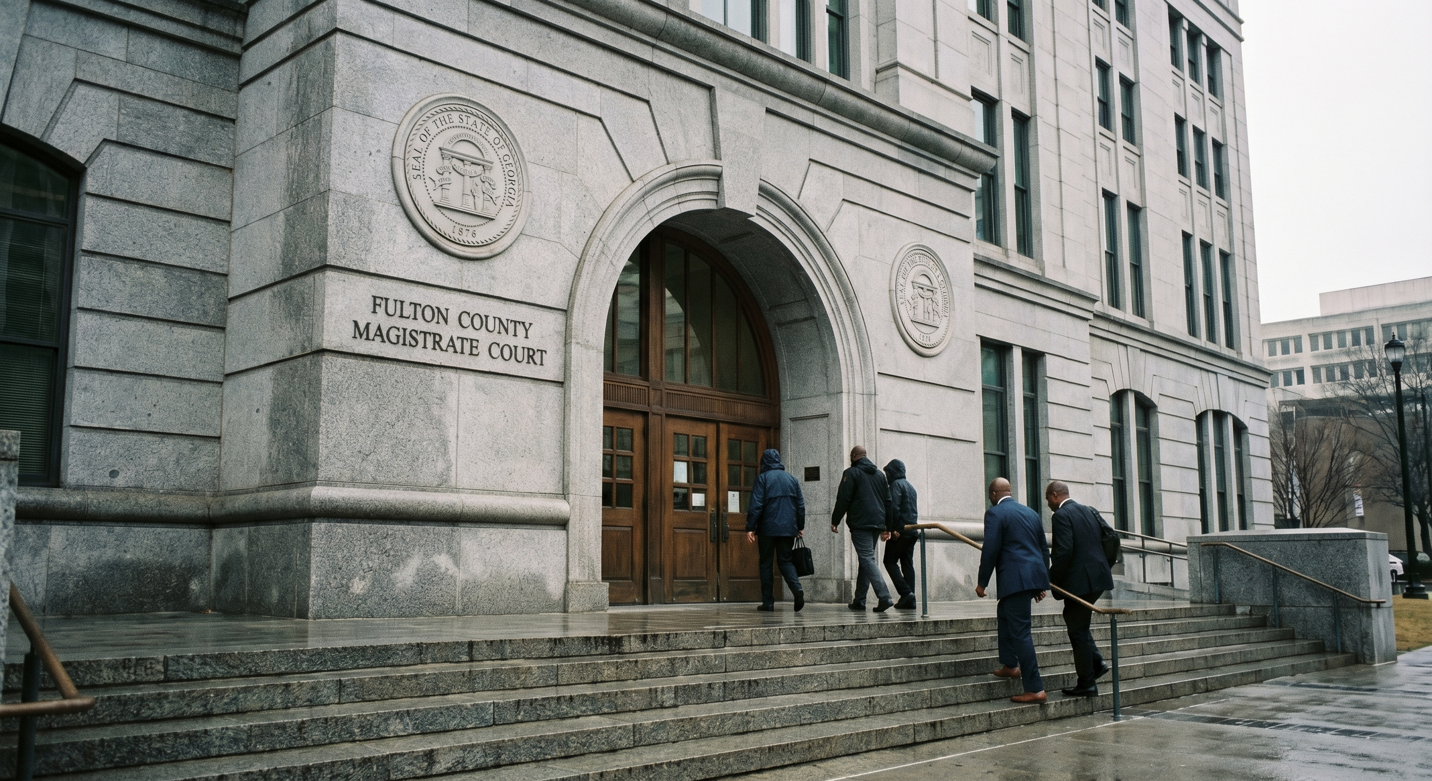 Fulton County Magistrate Court exterior with Georgia state seal and courthouse steps