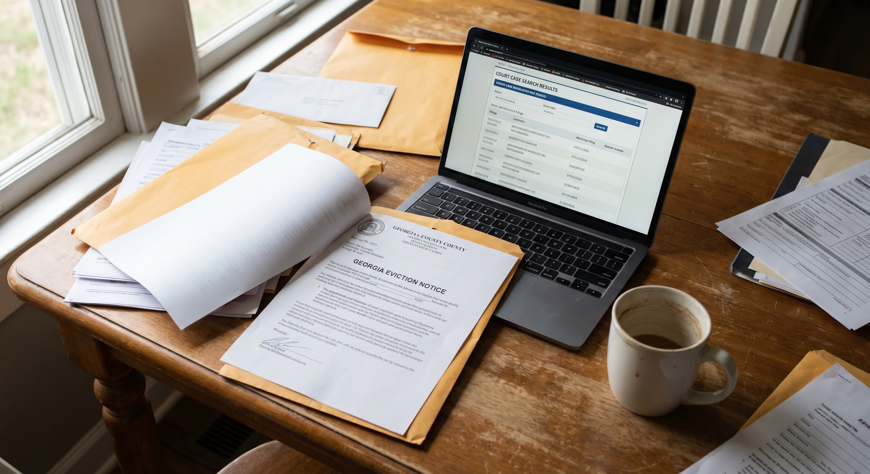 Legal documents and eviction notice on a kitchen table with laptop showing court case search results