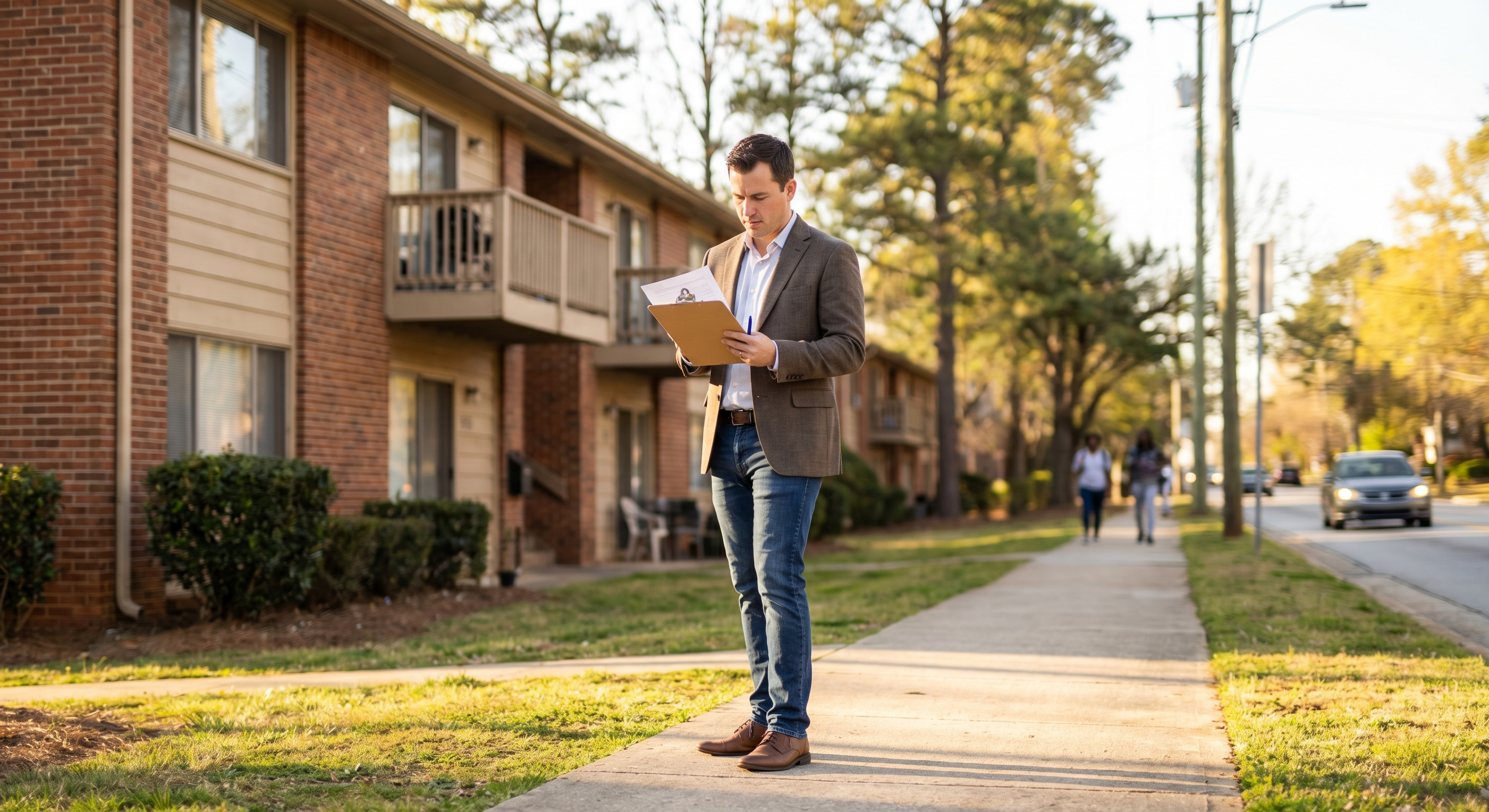 Real estate investor reviewing eviction lead list outside an Atlanta apartment building