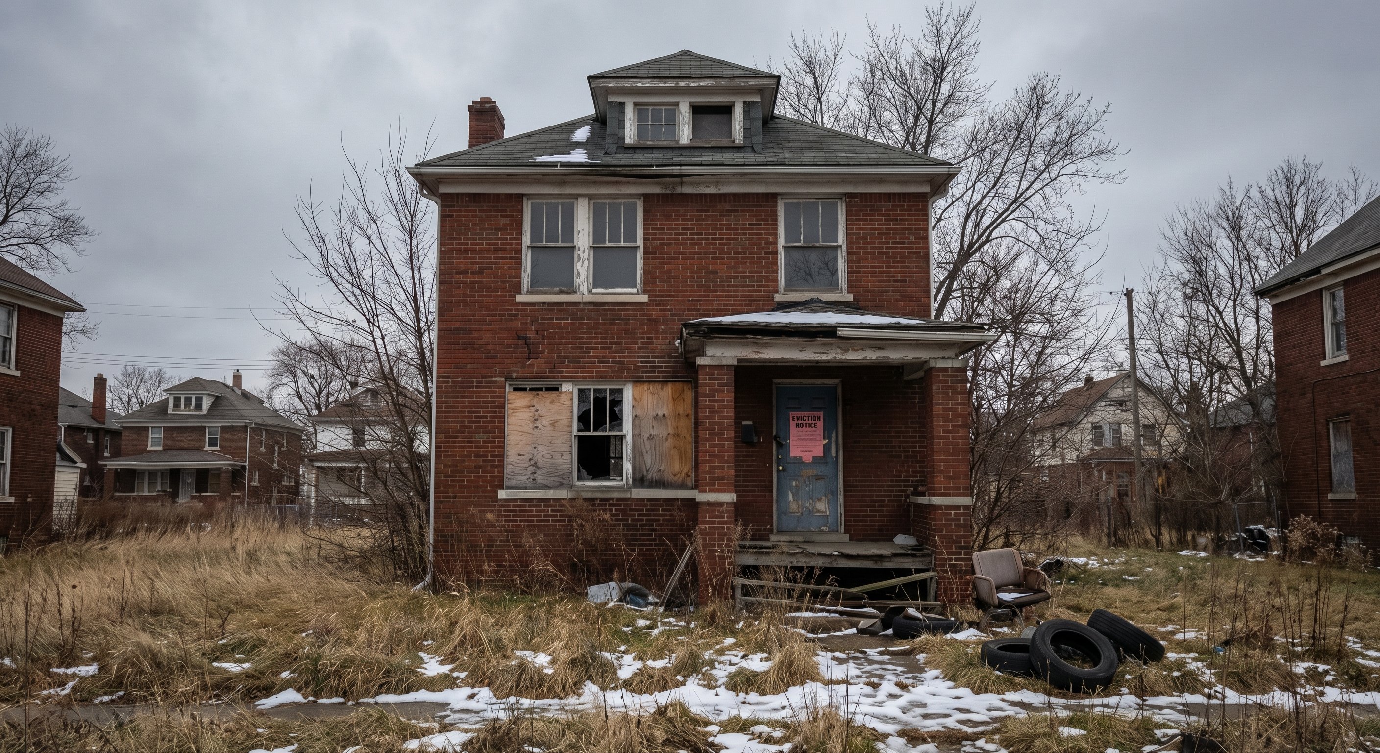 A boarded-up two-story brick home in a Detroit neighborhood, overgrown yard, faded eviction notice on the door