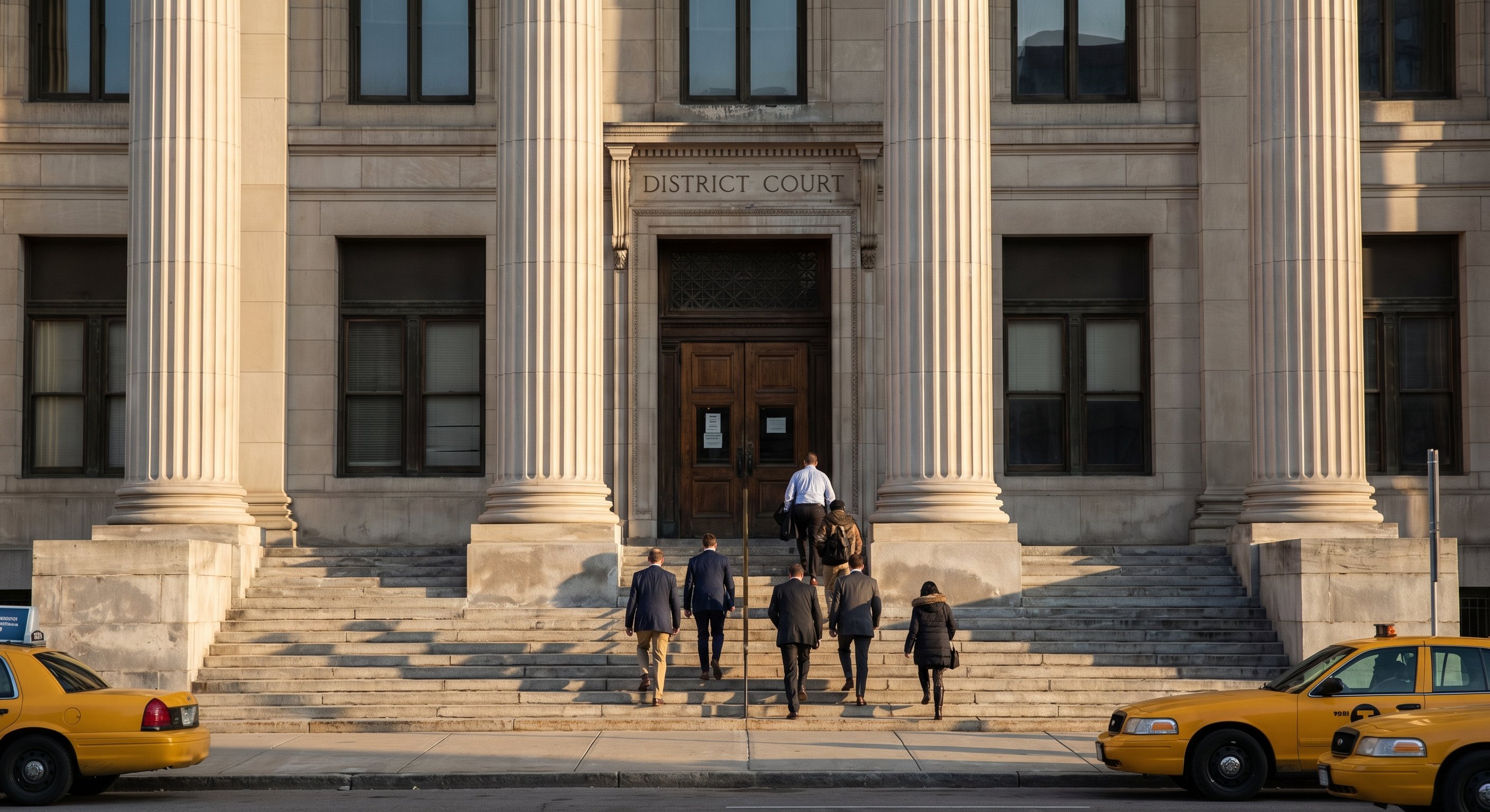 The entrance of a Michigan district court building in Detroit, classical stone architecture