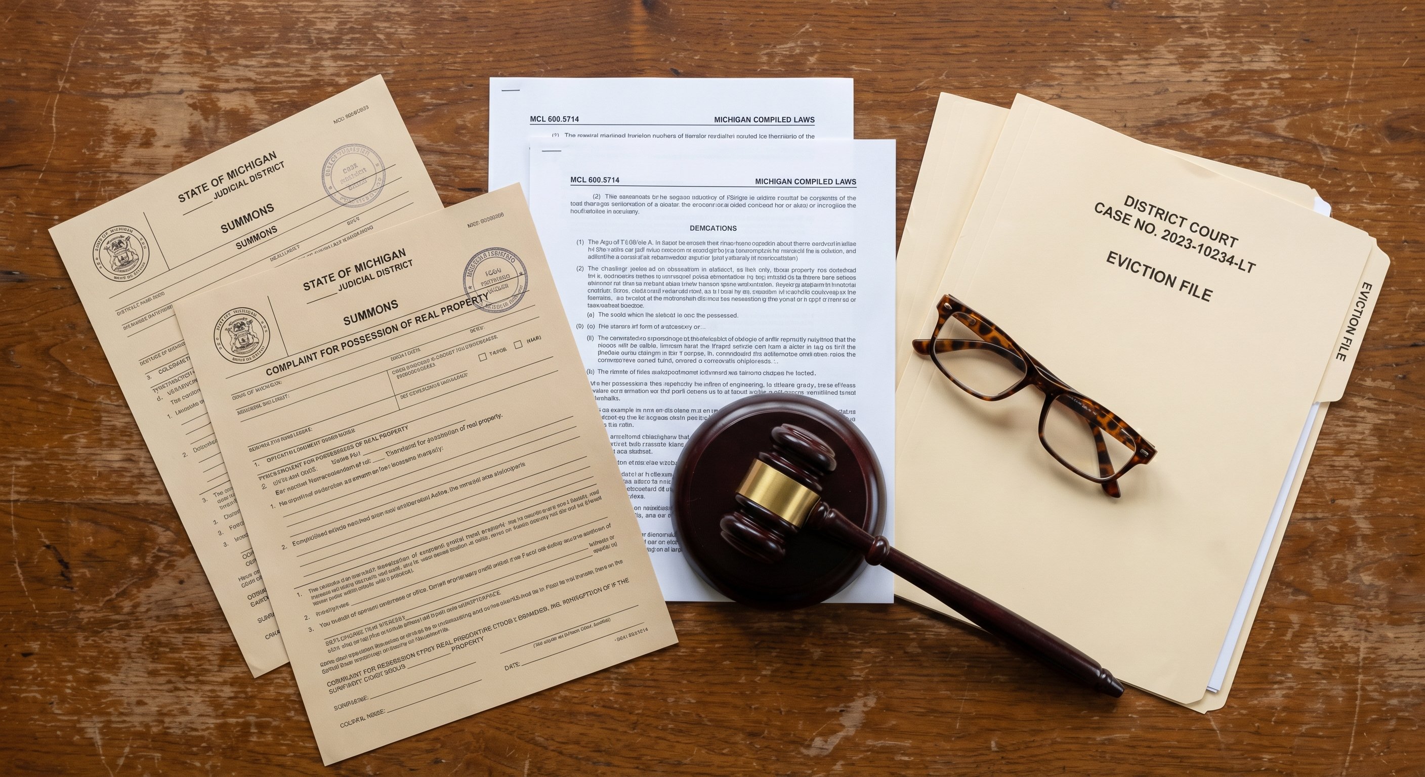 Official Michigan court documents spread on a wooden table: eviction Summons and Complaint forms, MCL statute printouts, district court case folders, a gavel