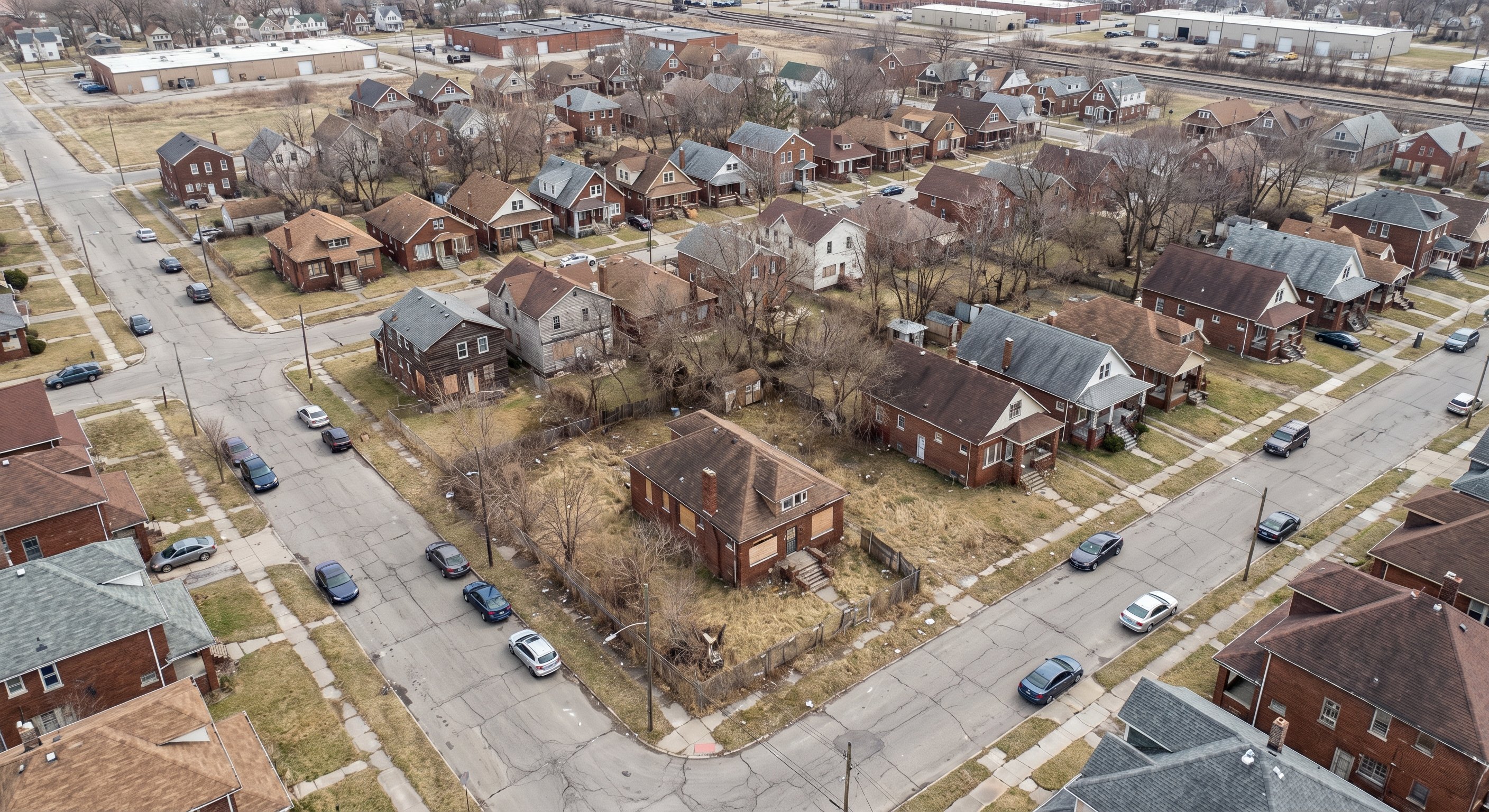 Aerial view of a densely-packed residential neighborhood in Detroit, multiple vacant-looking properties with overgrown yards
