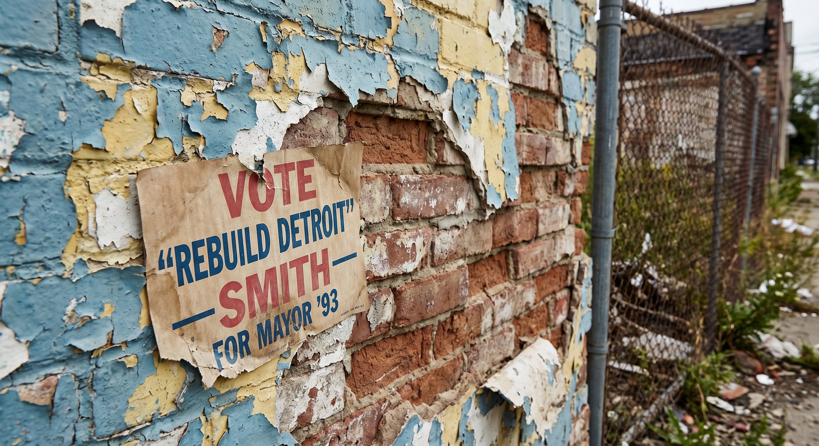 Close-up of peeling paint on an abandoned brick house in Detroit, exposed brick beneath crumbling paint, rusty chain-link fence in background