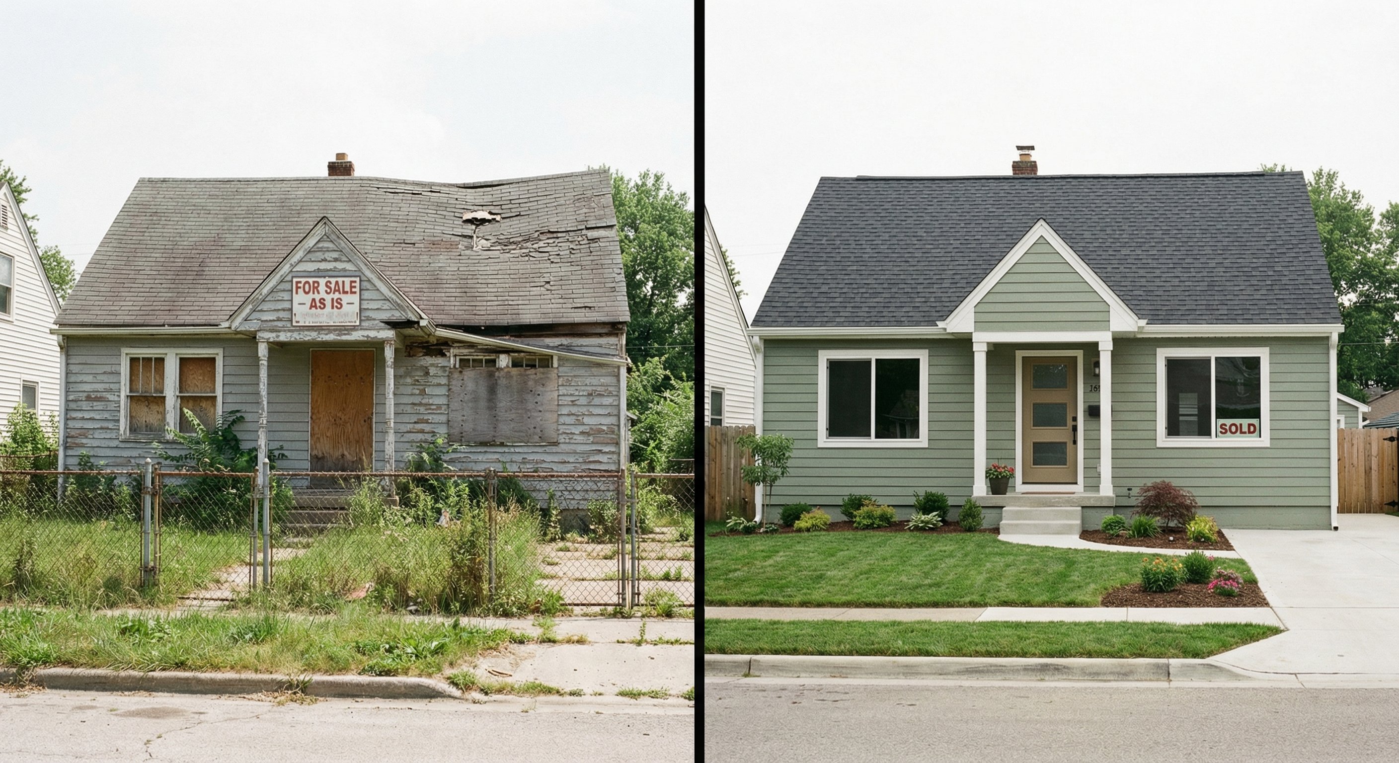 Split-screen before and after: a distressed neglected home transforming into a fully renovated modern residence with fresh paint and new roof