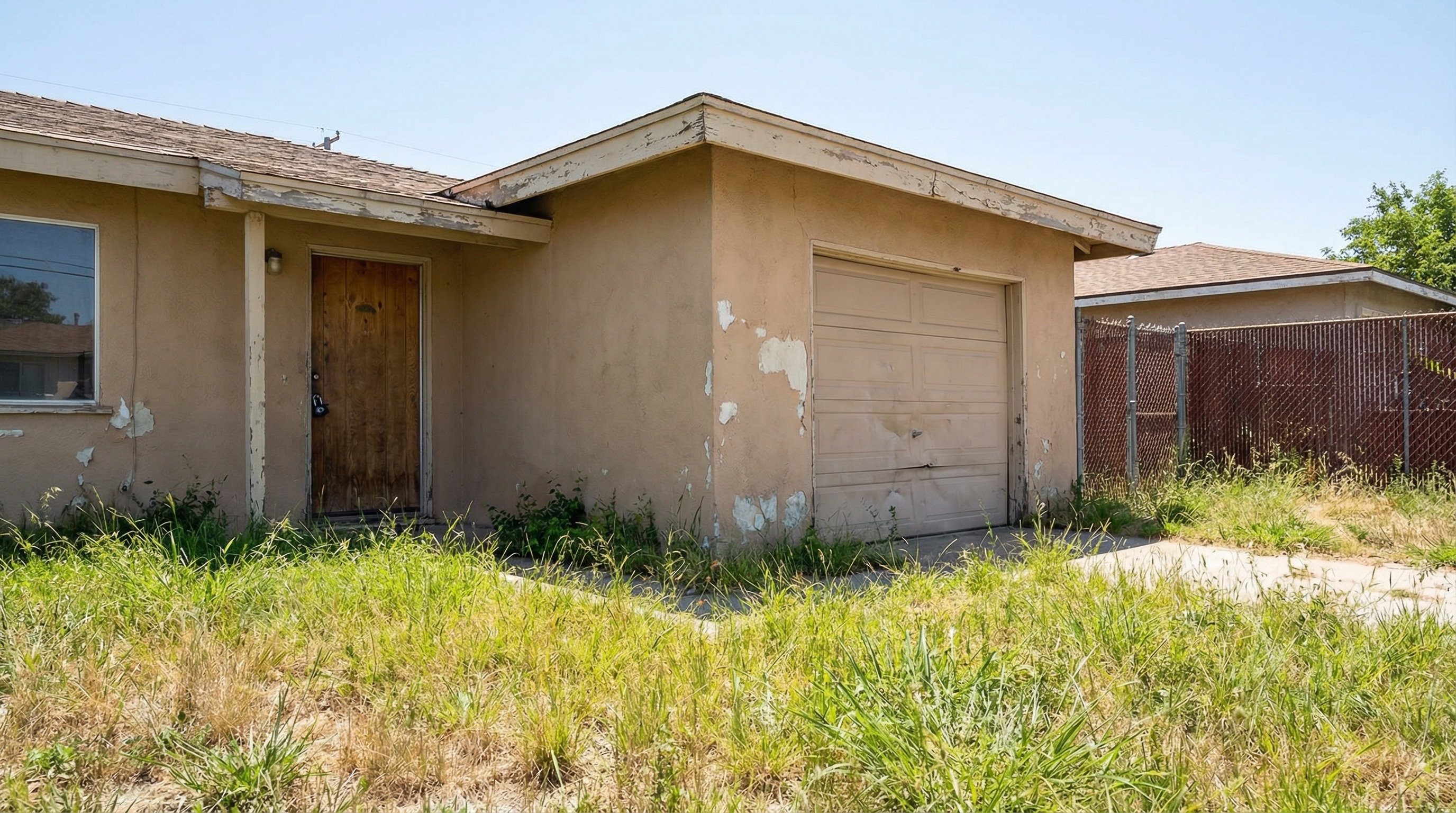Distressed 1970s ranch home with overgrown yard, faded exterior, and locked front door, a typical fix and flip target property
