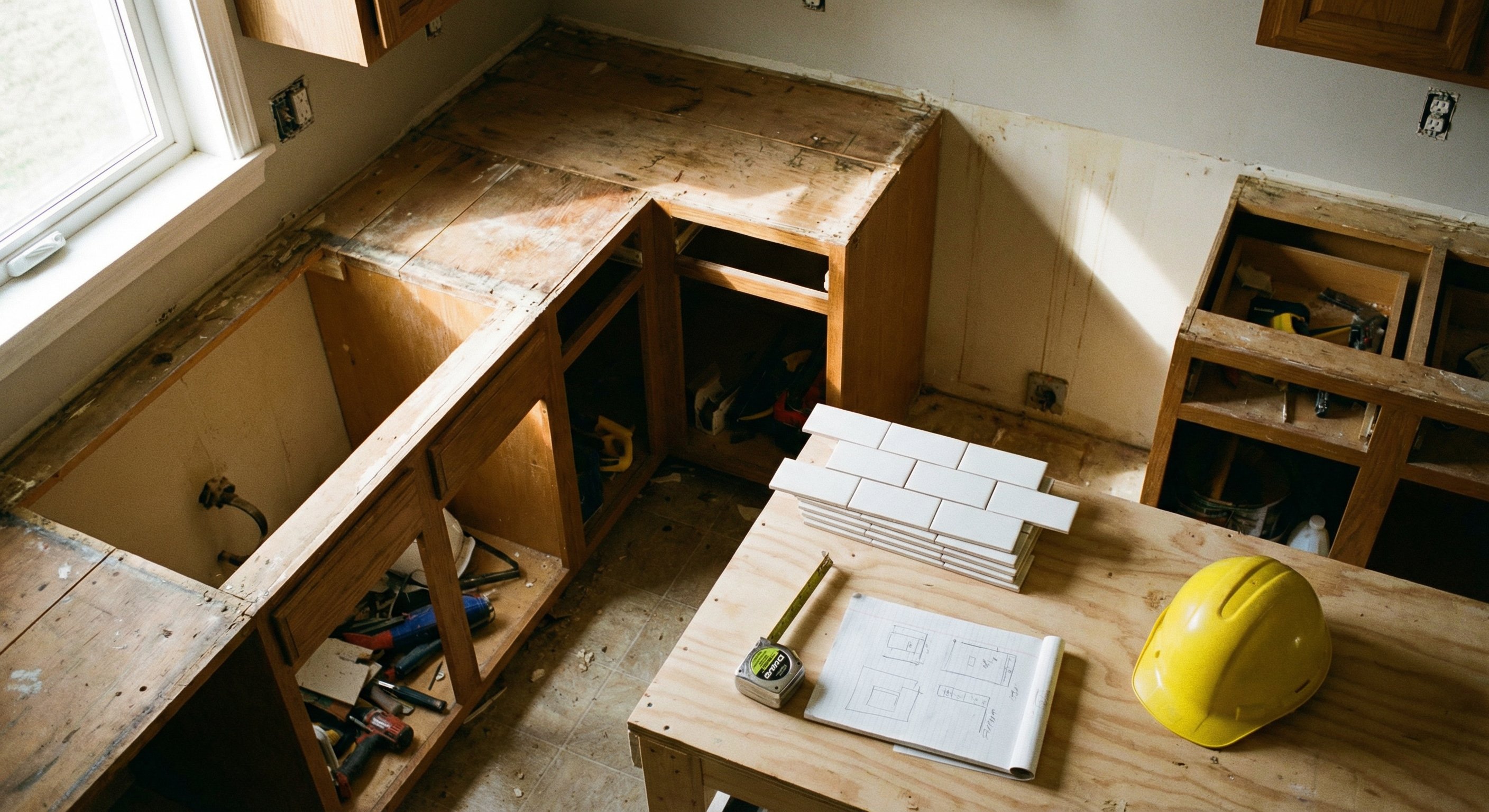 Kitchen renovation in progress with exposed cabinets, new subway tile samples on the counter, and contractor's notepad on the workspace surface