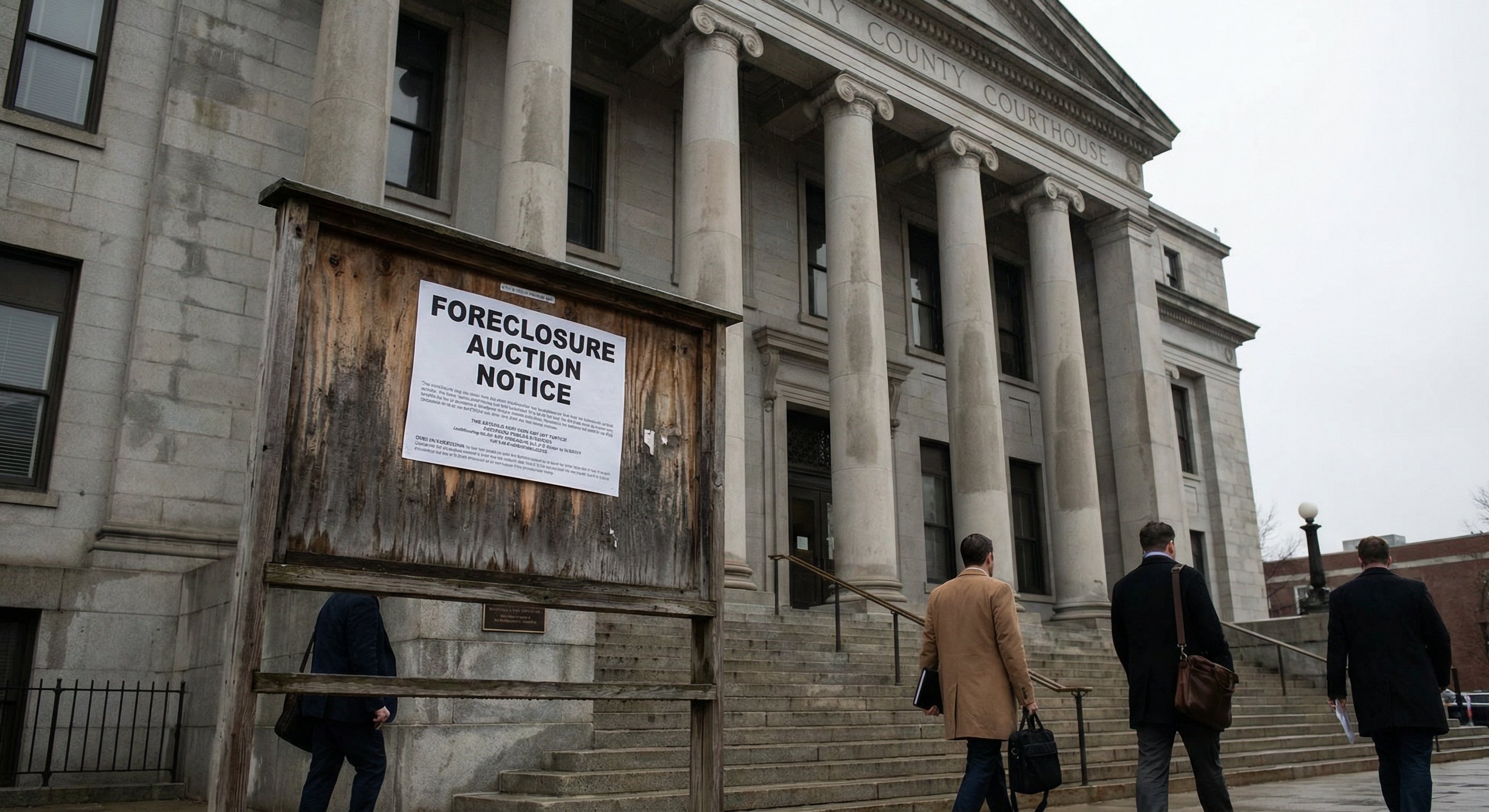 County courthouse exterior with foreclosure auction notice on public bulletin board, neoclassical columns and stone steps in overcast light