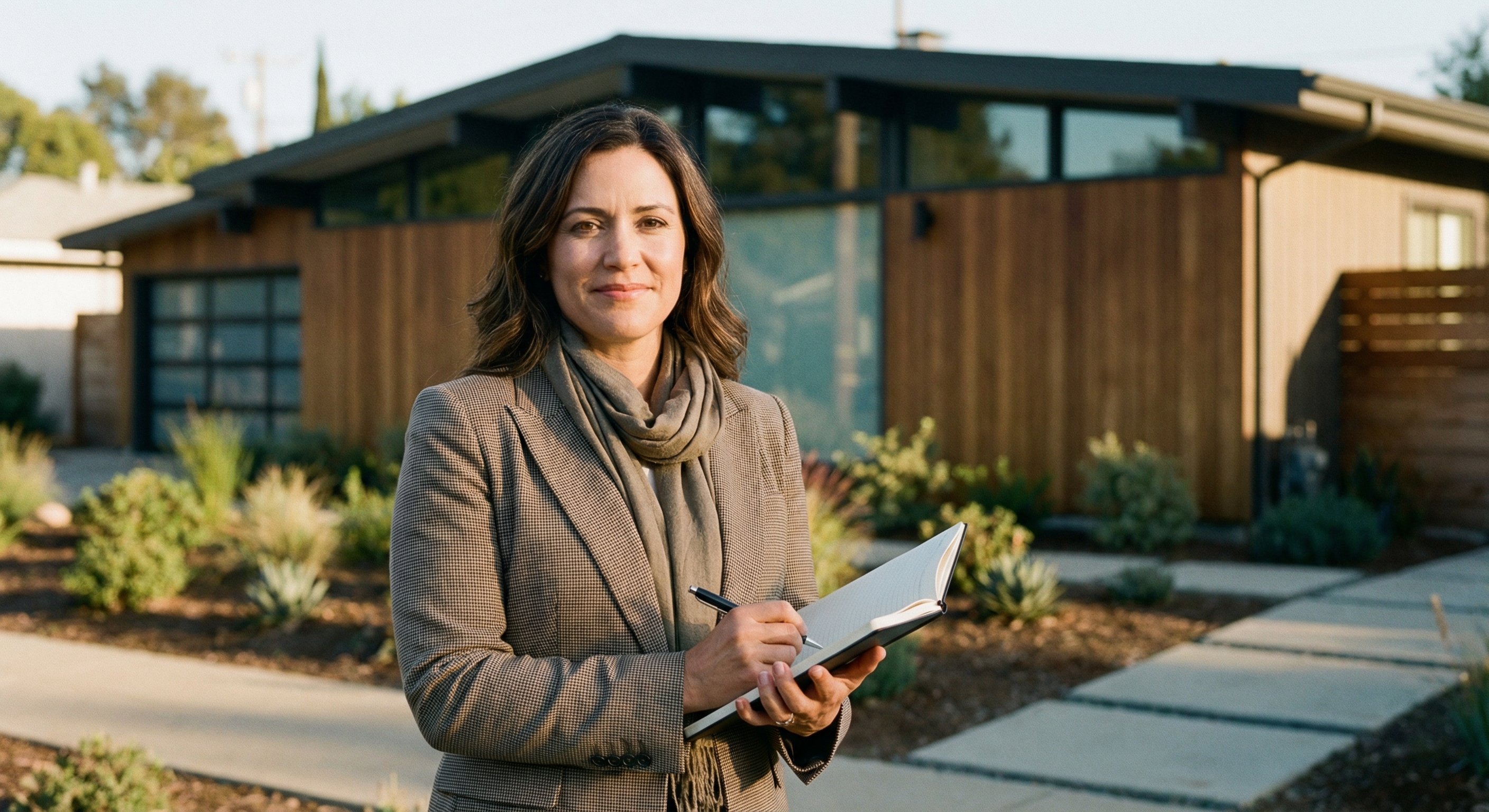 Real estate investor with notepad reviewing notes outside a freshly renovated mid-century modern home in golden hour light