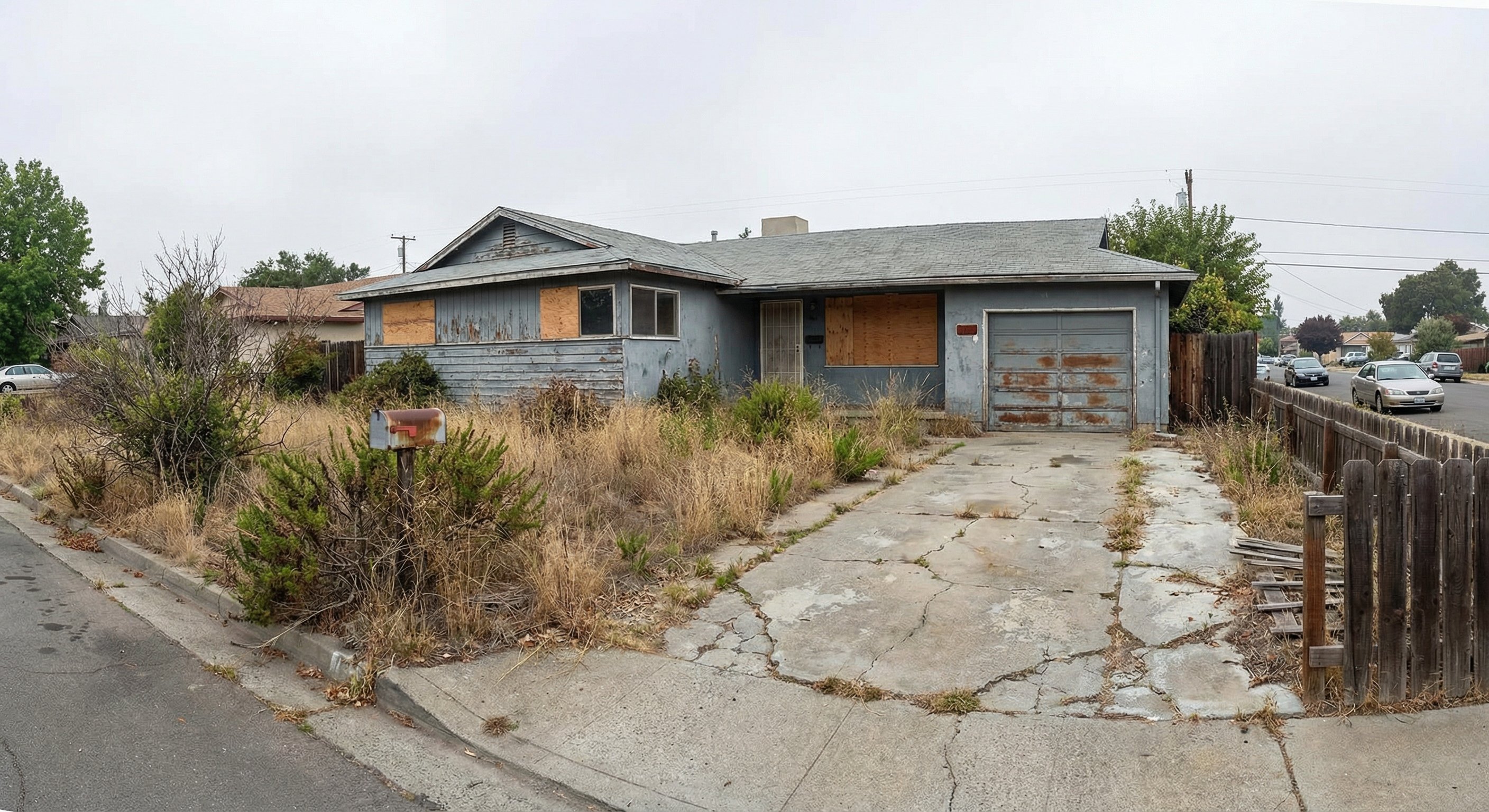 Distressed single-story ranch home showing clear renovation opportunity: peeling paint, overgrown yard, boarded windows