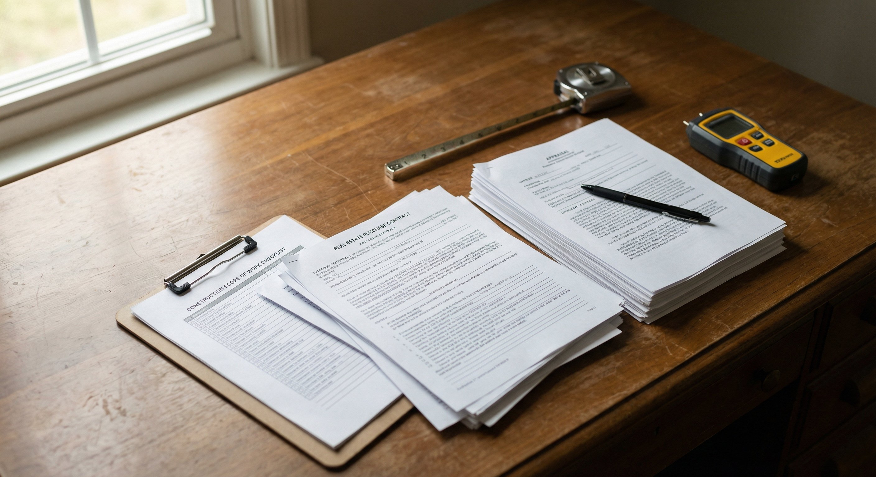Real estate purchase contract and construction scope of work documents on a desk with moisture meter and measuring tape