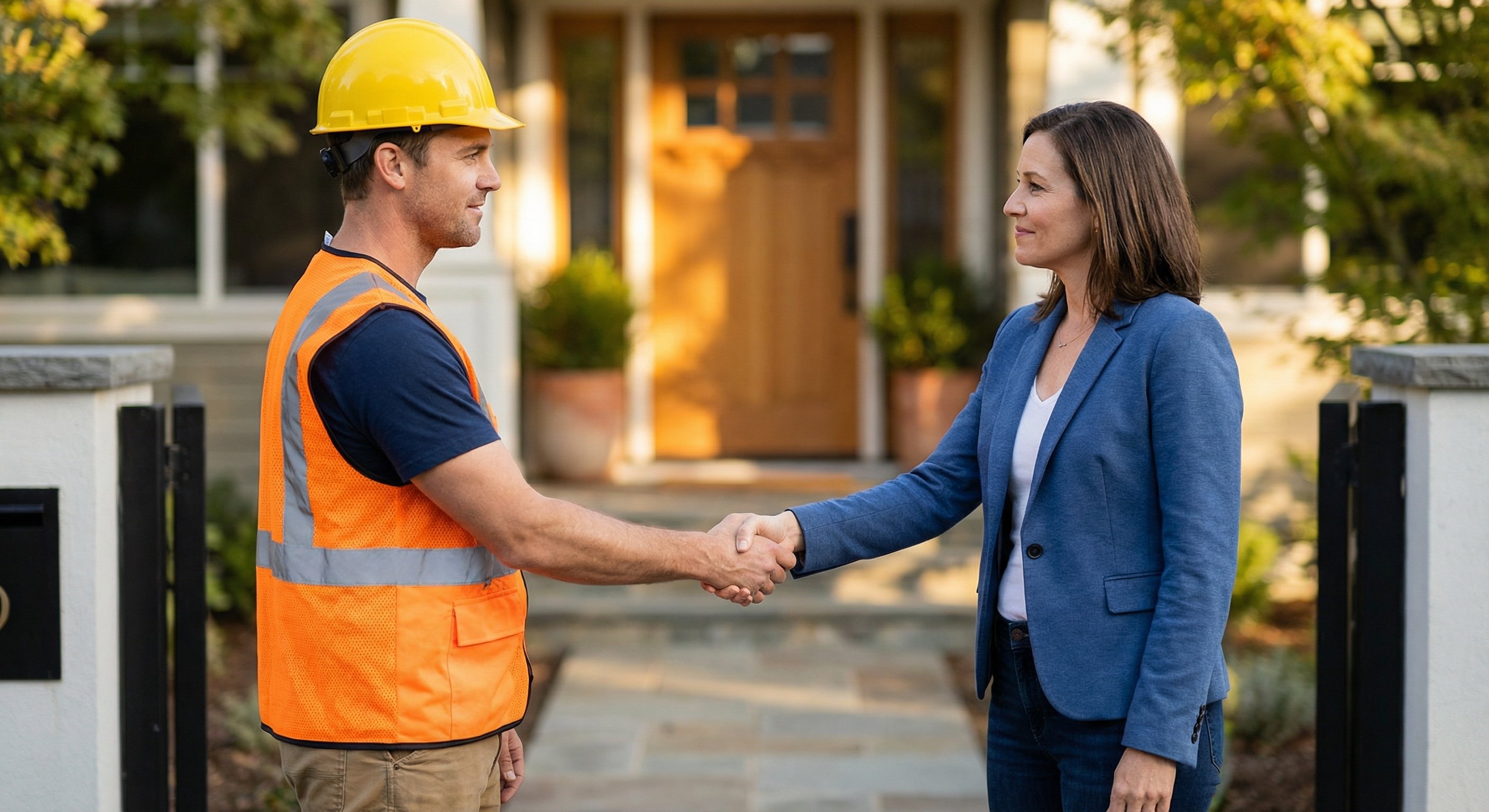 Contractor and real estate investor shaking hands at a property entryway
