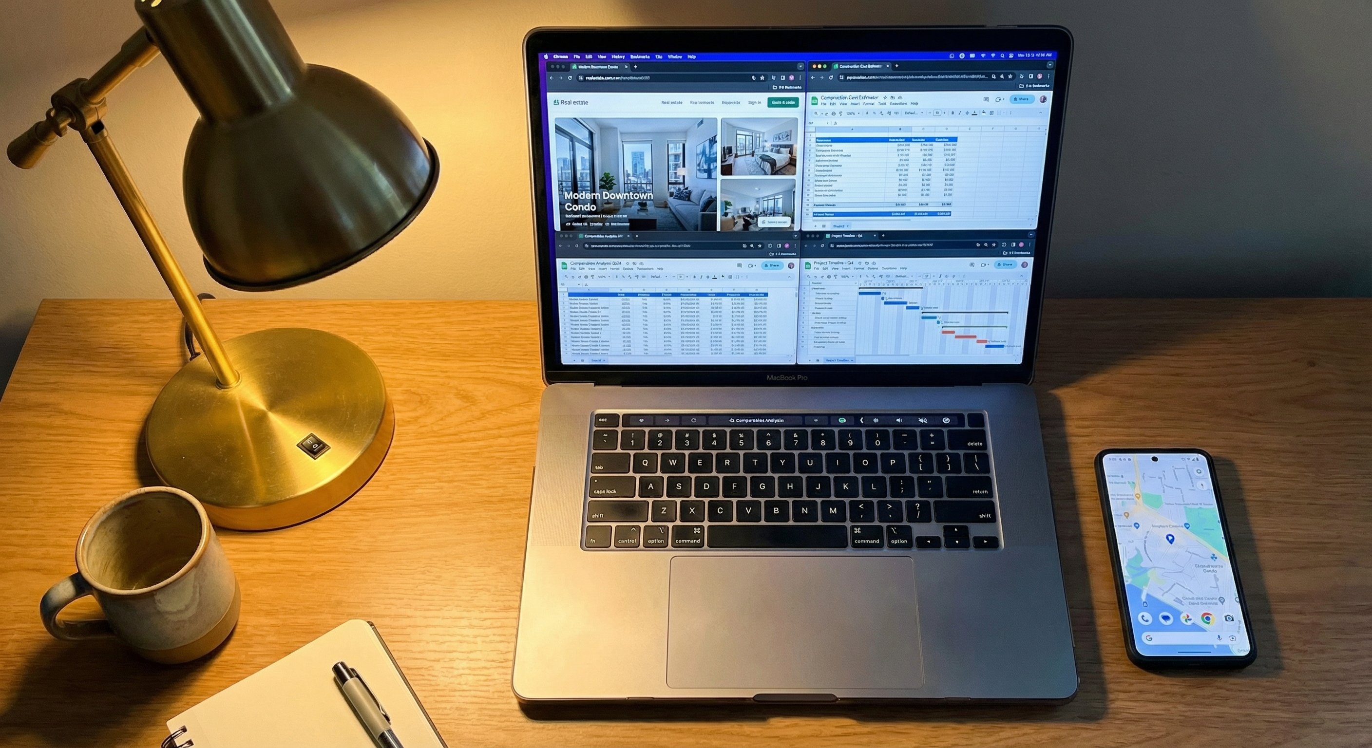 Modern desk workspace showing property analysis tabs, renovation cost spreadsheet, comparables table, and project timeline on a laptop screen