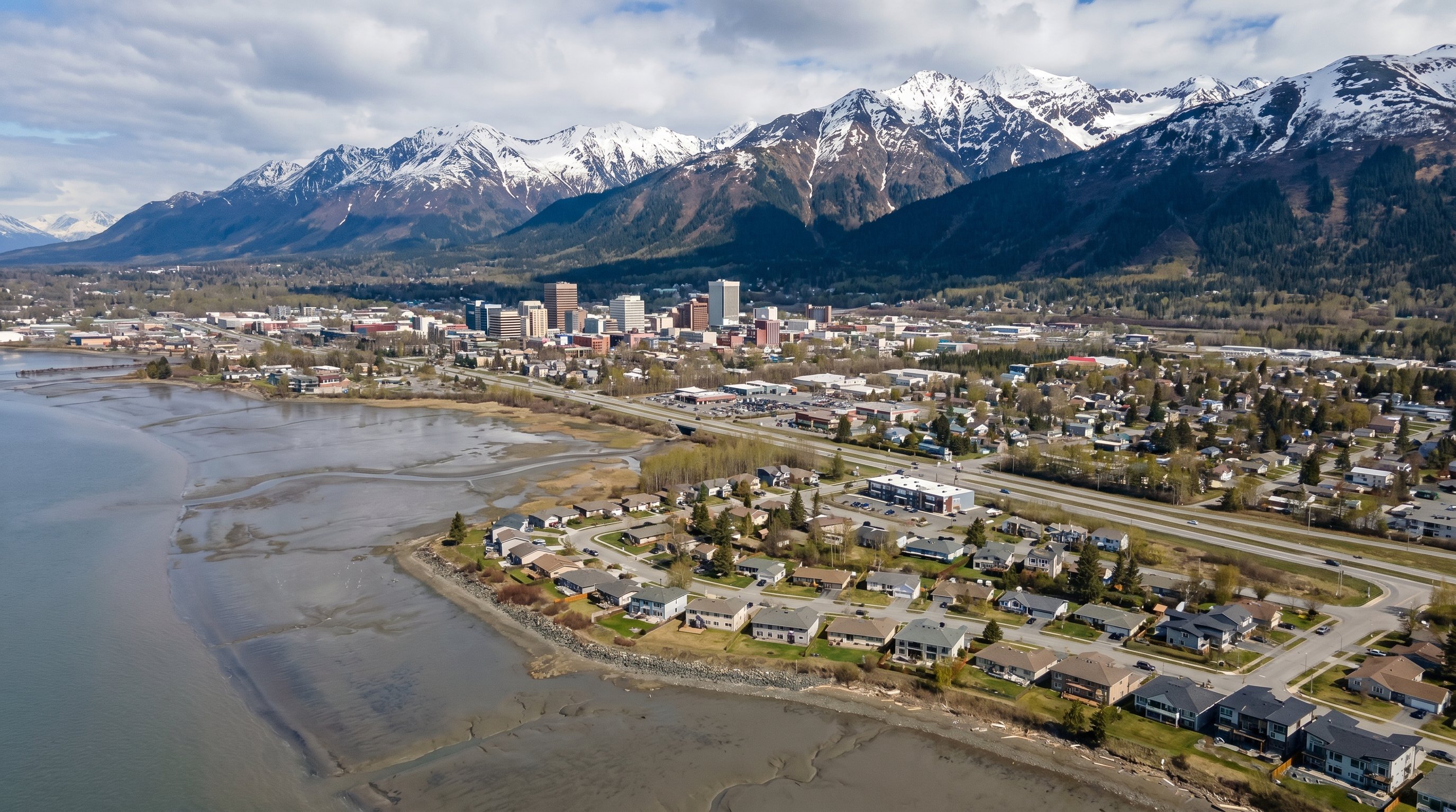 Aerial view of Anchorage Alaska neighborhoods with the Chugach Mountains as backdrop showing the unique geography of Alaska real estate