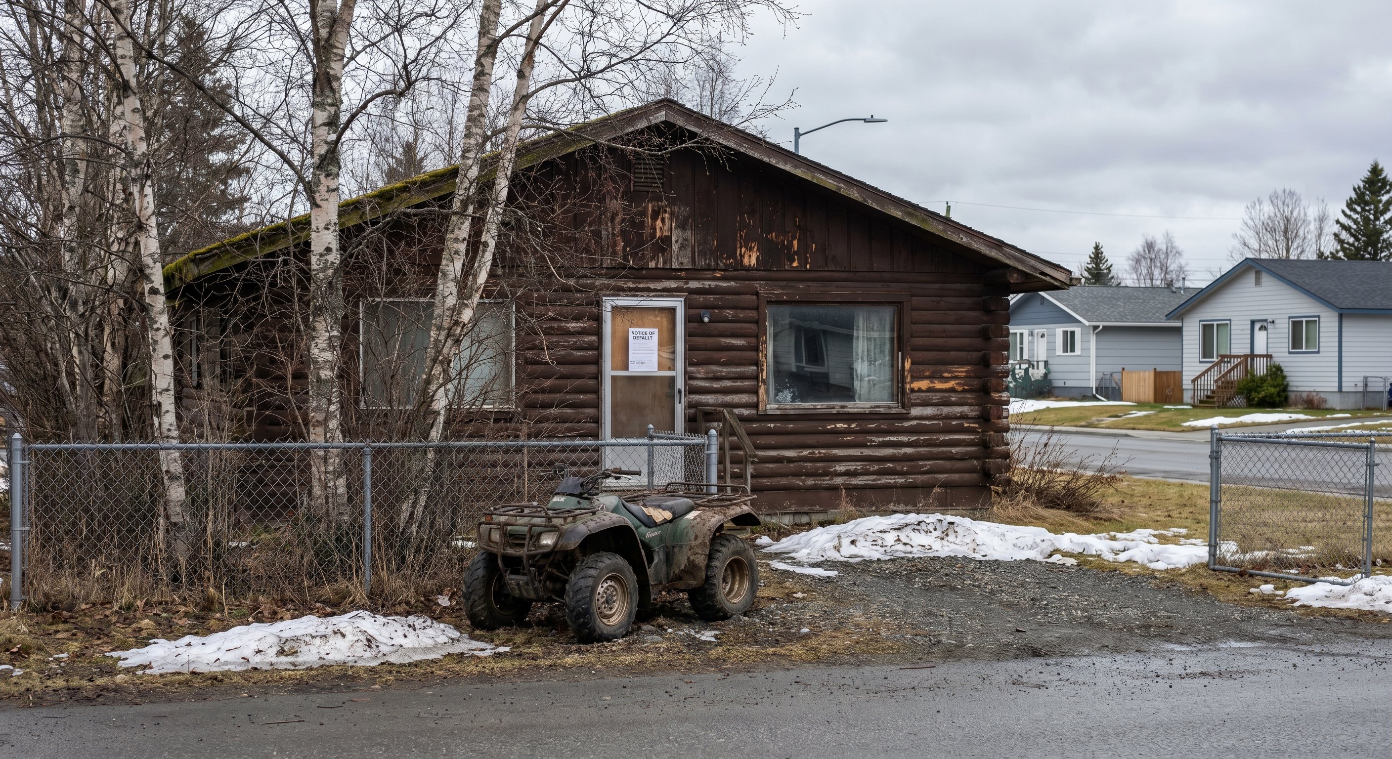 A distressed log cabin style home in an Alaska suburb with a Notice of Default posted on the front door