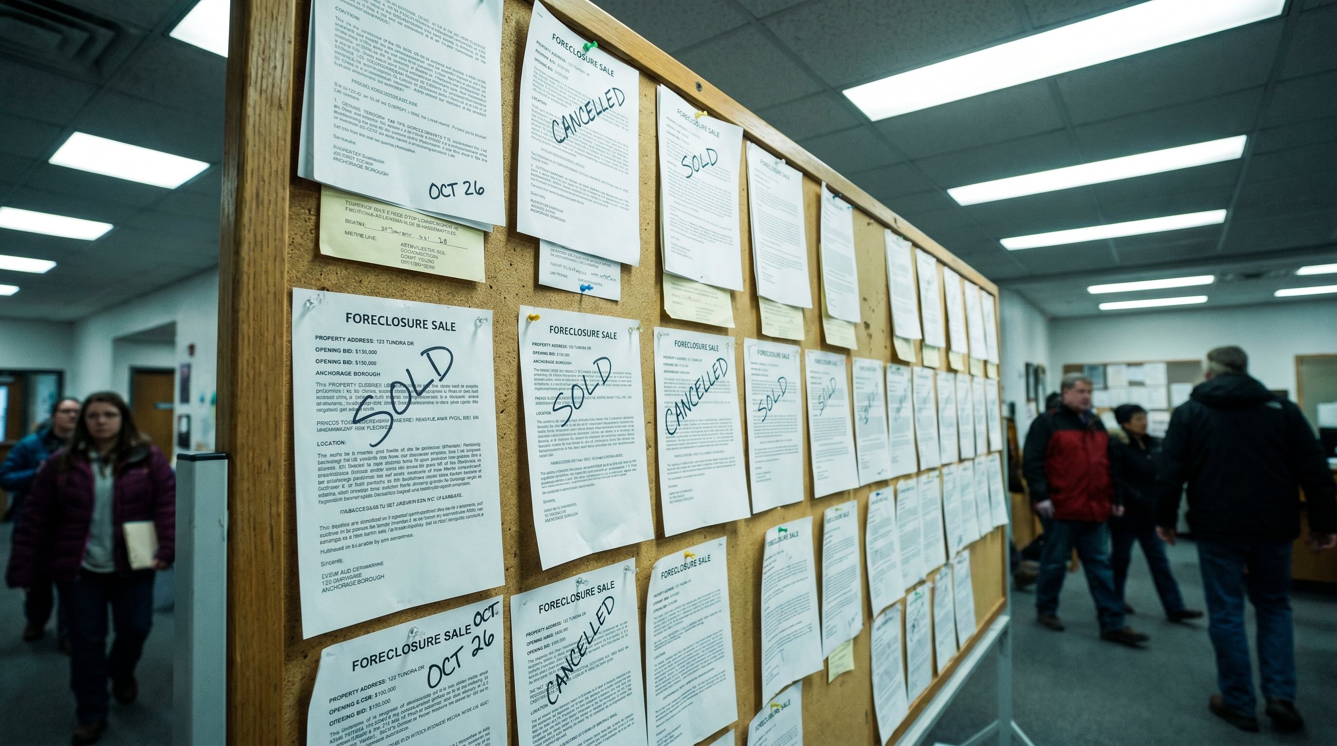 A foreclosure sale notice board at a recording district office in Alaska with dozens of legal notices posted
