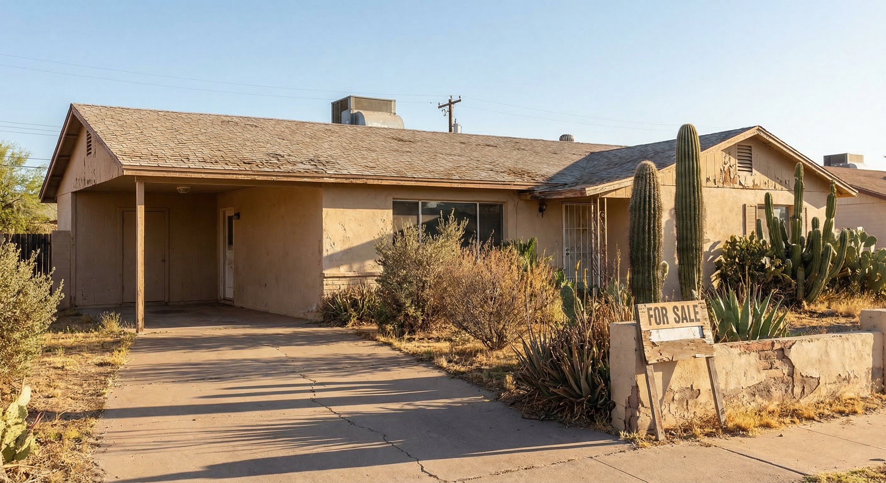 A distressed single-story Arizona ranch home in a suburban Phoenix neighborhood, sun-faded paint and overgrown desert landscaping, for-sale sign visible in yard, hot afternoon light casting sharp shadows, realistic architectural photograph