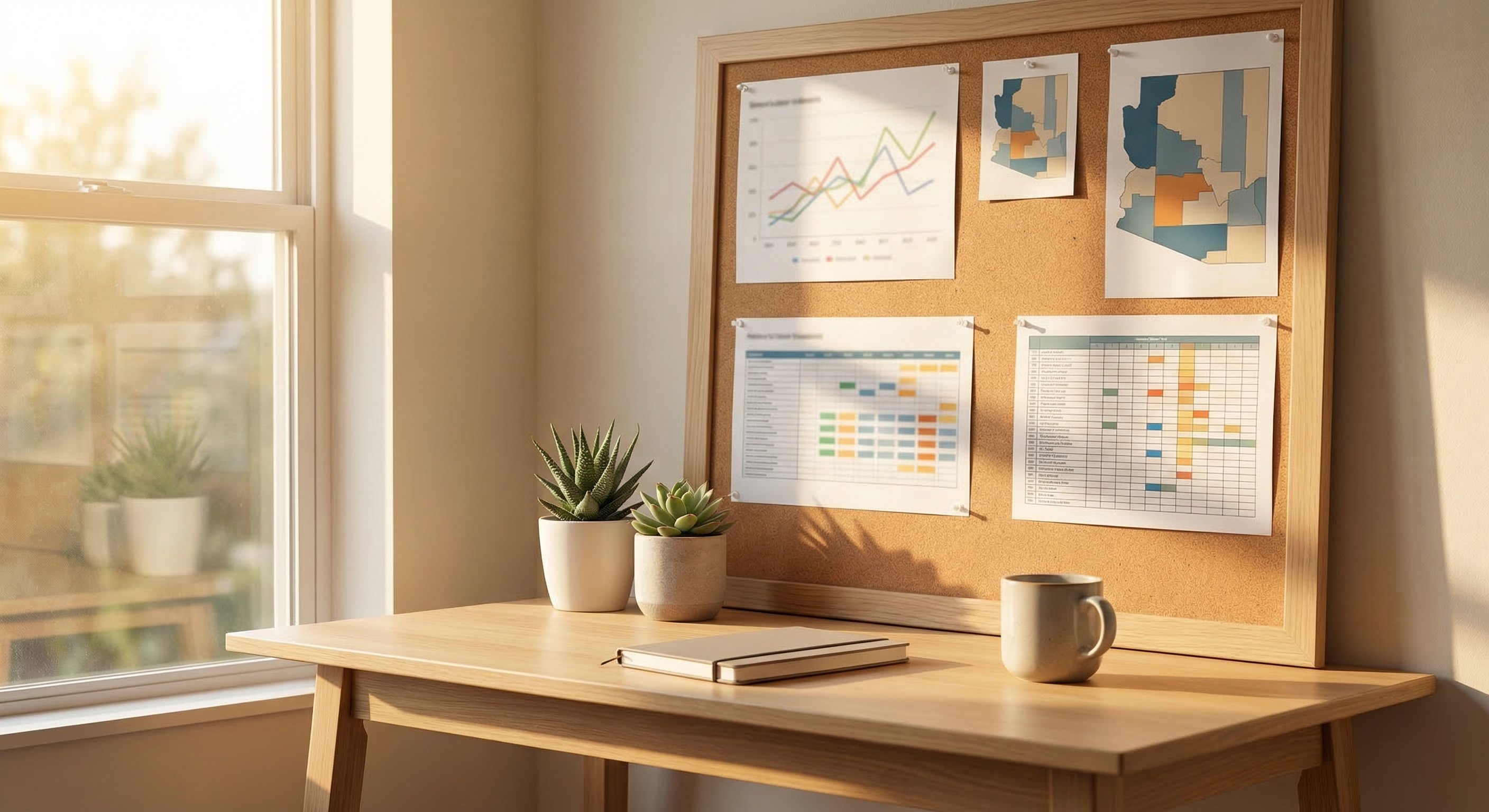 A clean organized real estate investor desk with property data charts, Arizona county maps, and investment spreadsheets, warm natural light, minimalist workspace, no visible computer screens, high-end professional photography