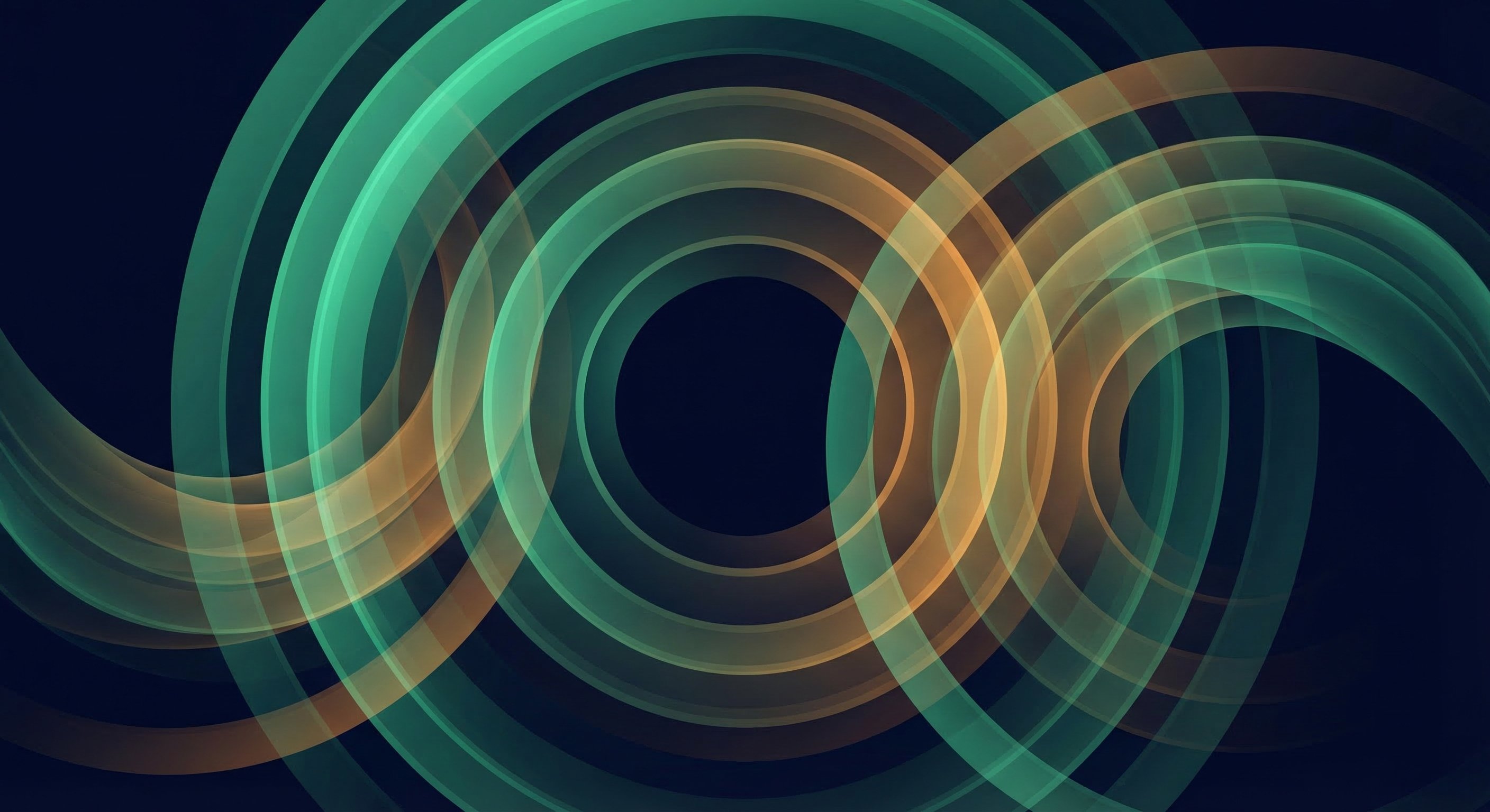 An abstract visualization of layered data signals — overlapping translucent rings in teal, green, and amber on a dark background representing stacked property distress indicators, modern minimalist digital art, no text