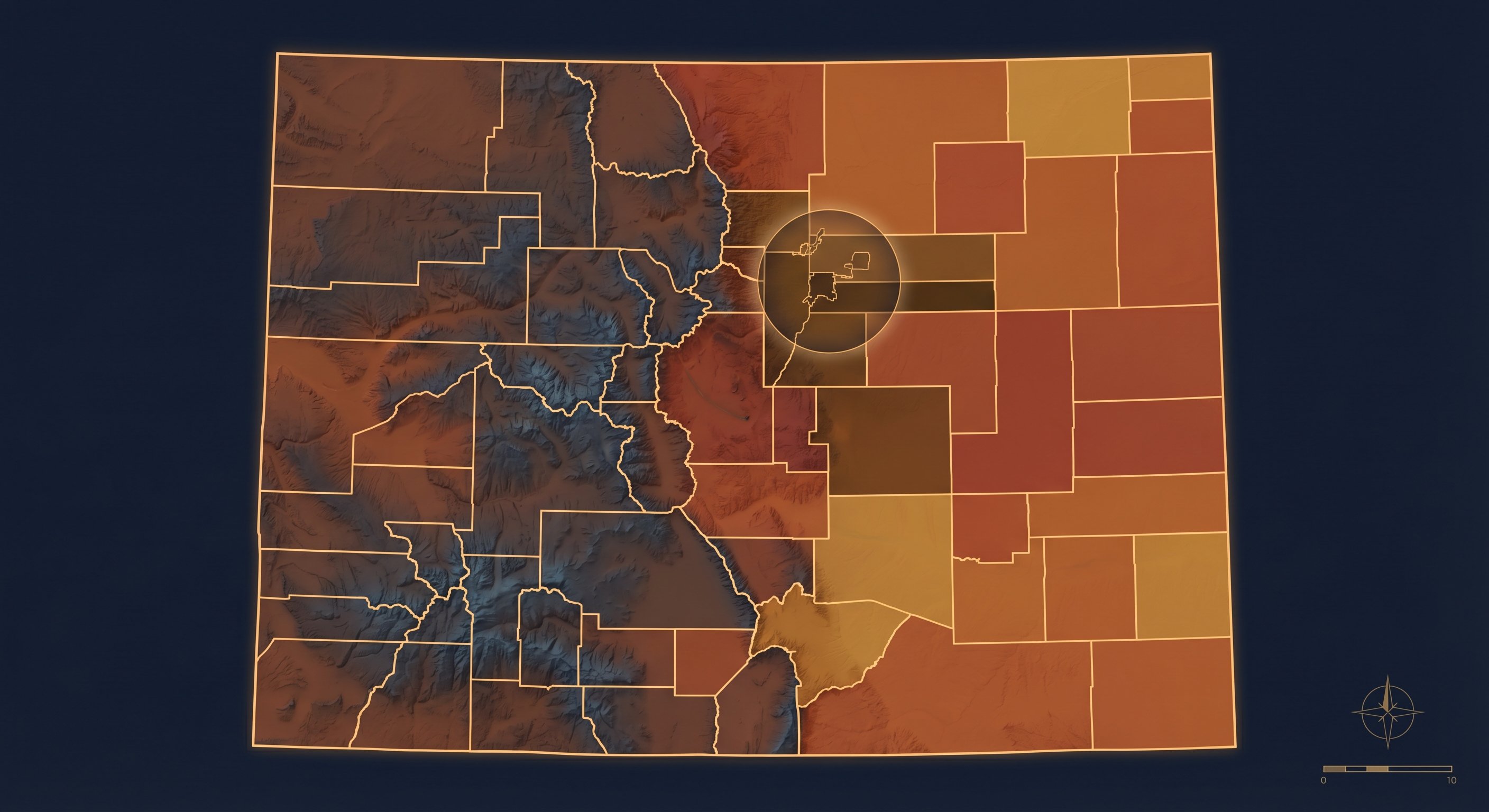 Colorado foreclosure activity map with county-level heat coding