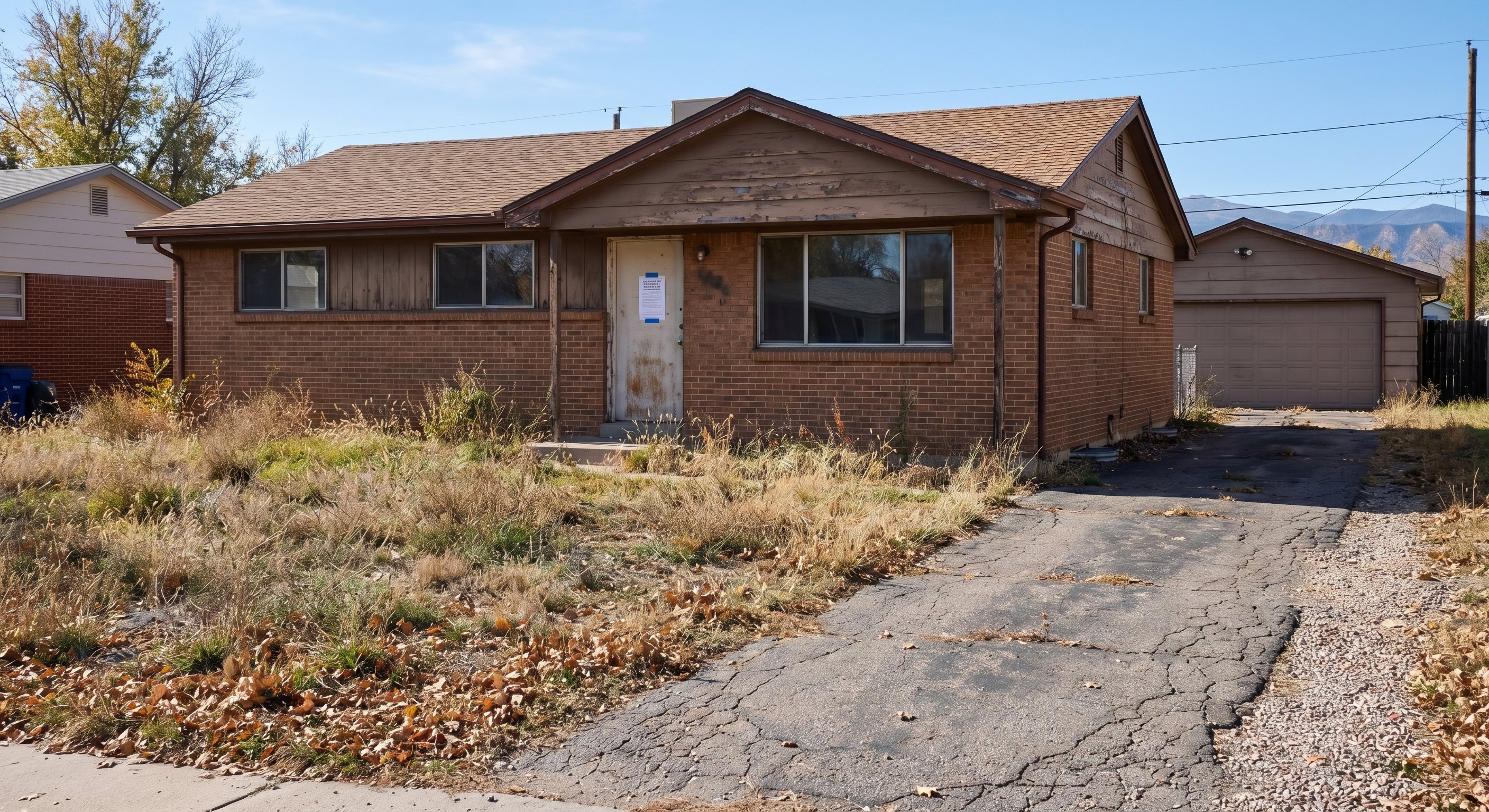 Distressed Colorado ranch home with posted notice on front door