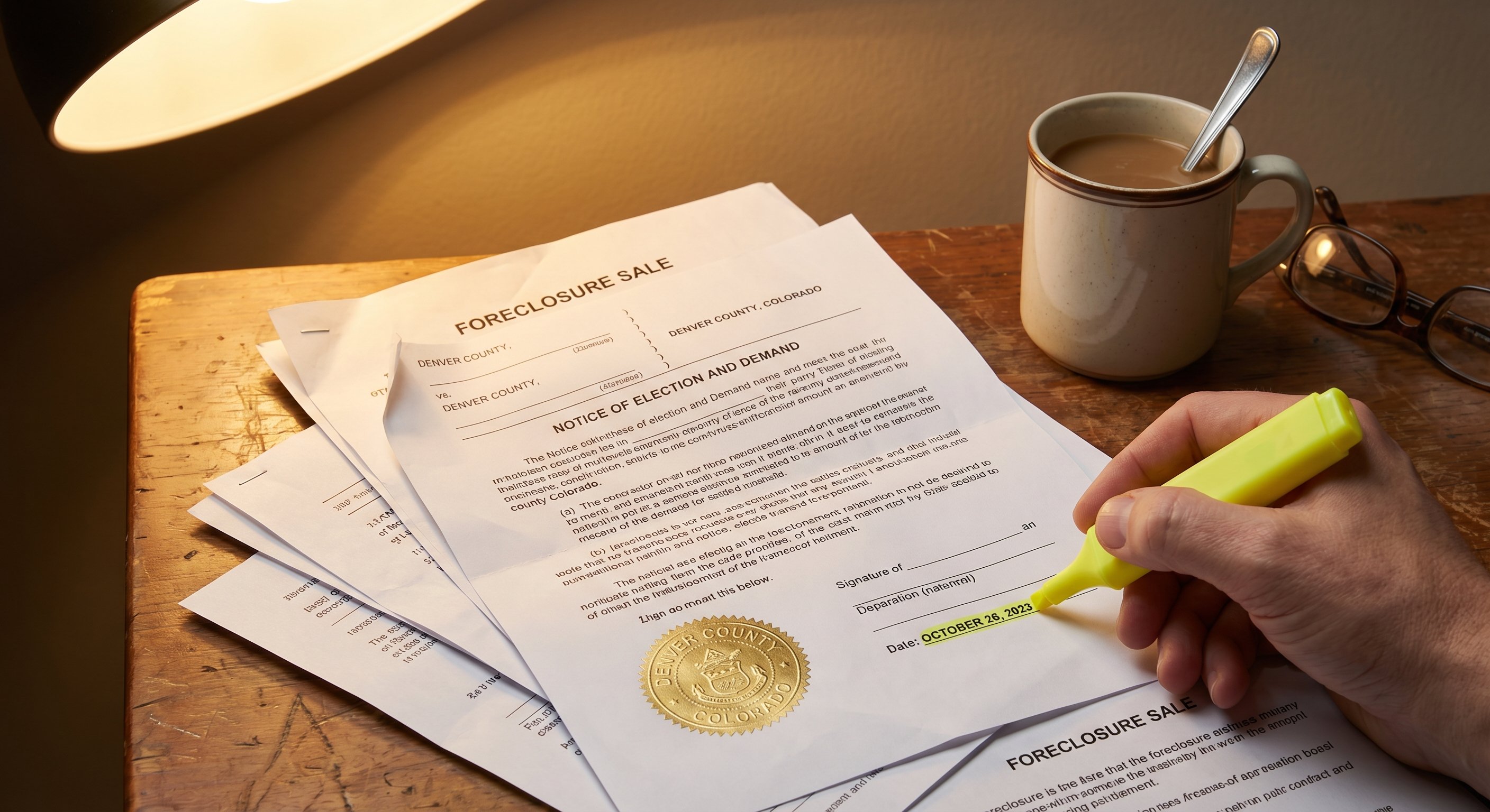 Foreclosure documents and Notice of Election and Demand on desk