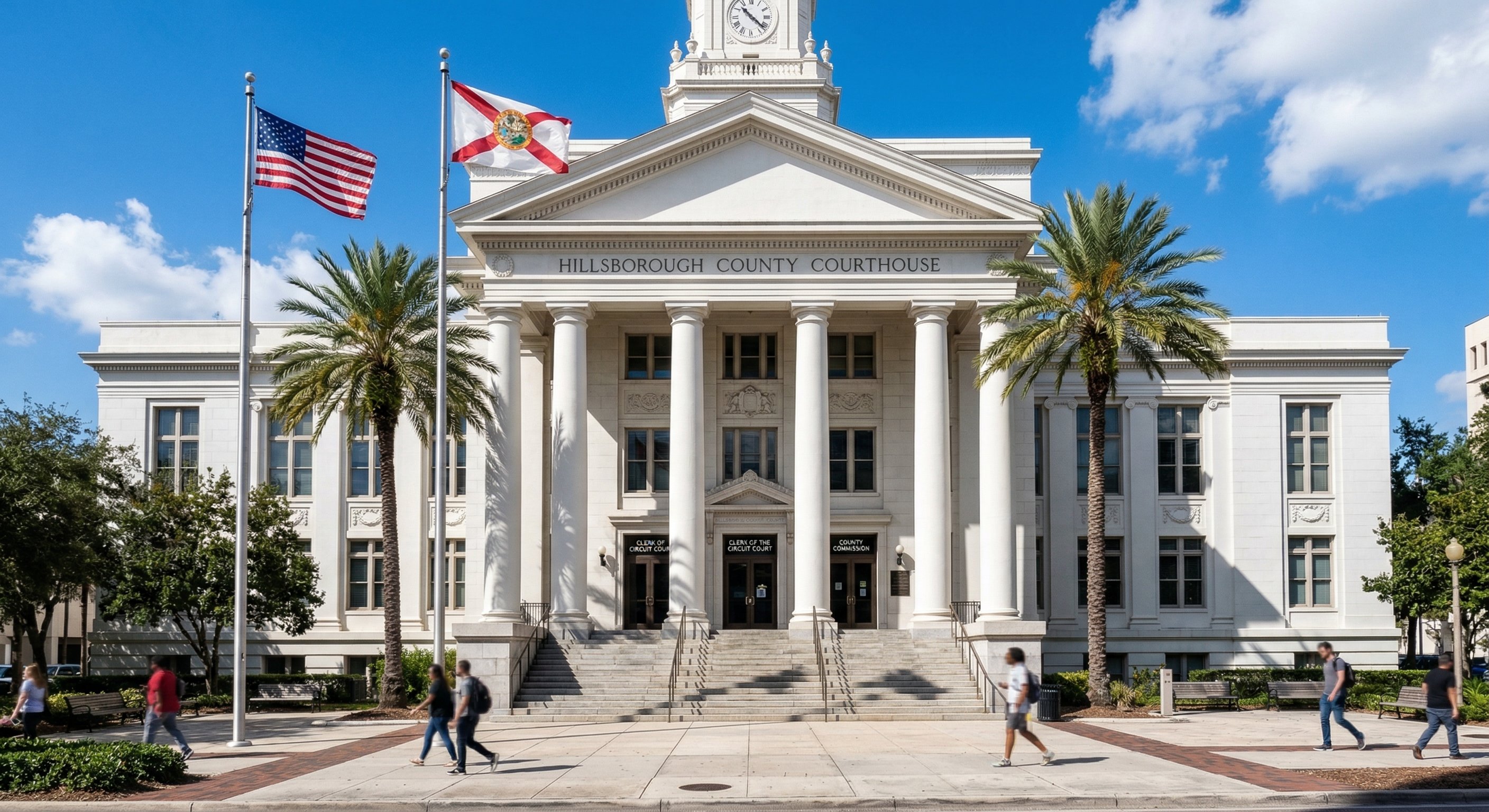 Florida county courthouse exterior with palm trees, government building signage visible, documentary photography in afternoon light