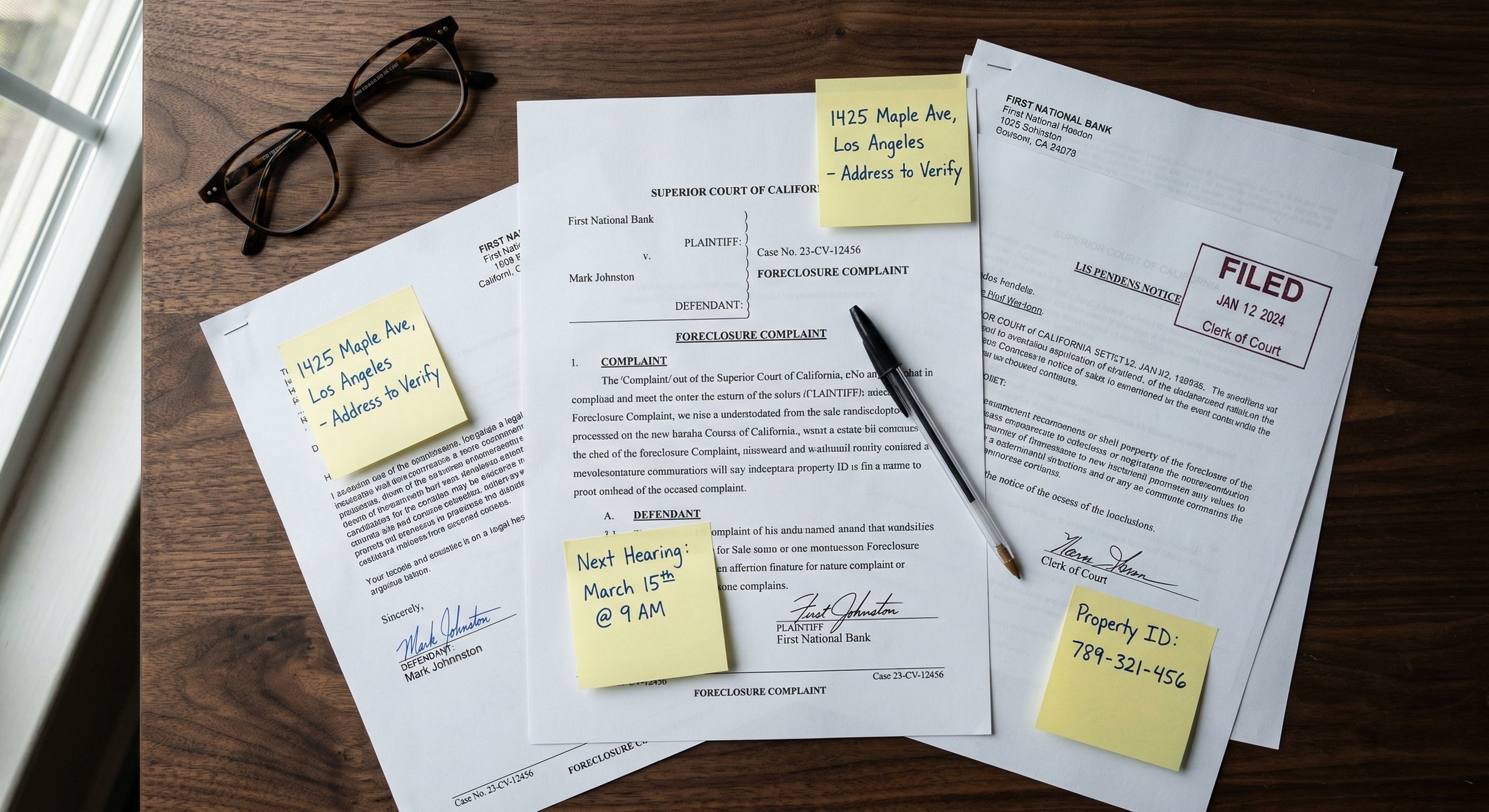 Foreclosure documents and legal filing papers spread on a wooden desk with pen and reading glasses, public records and court filings visible, editorial documentary photography