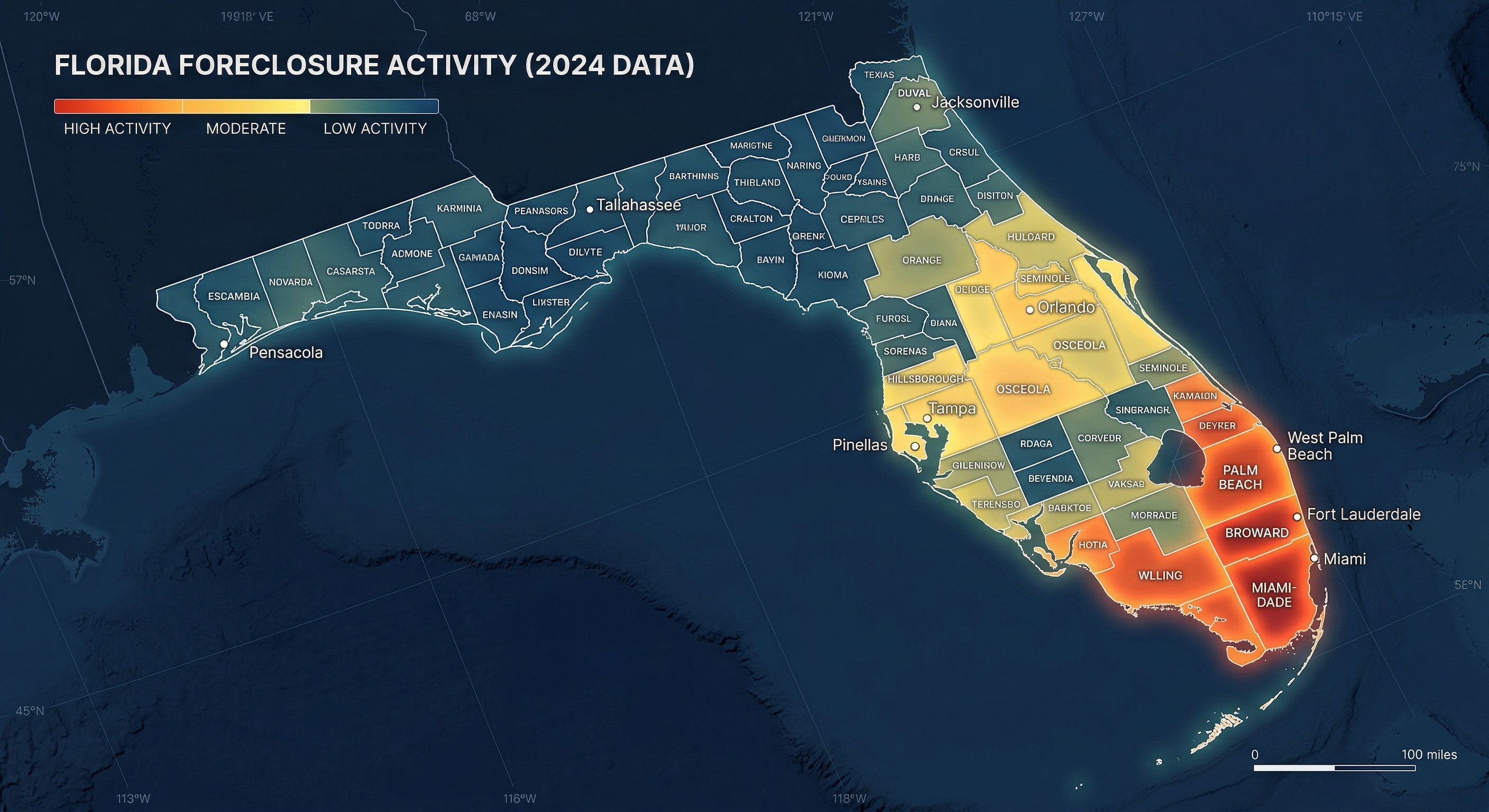 State of Florida map with county outlines and colored heat overlay showing foreclosure activity concentration, higher density highlighted in south and central regions, data visualization style