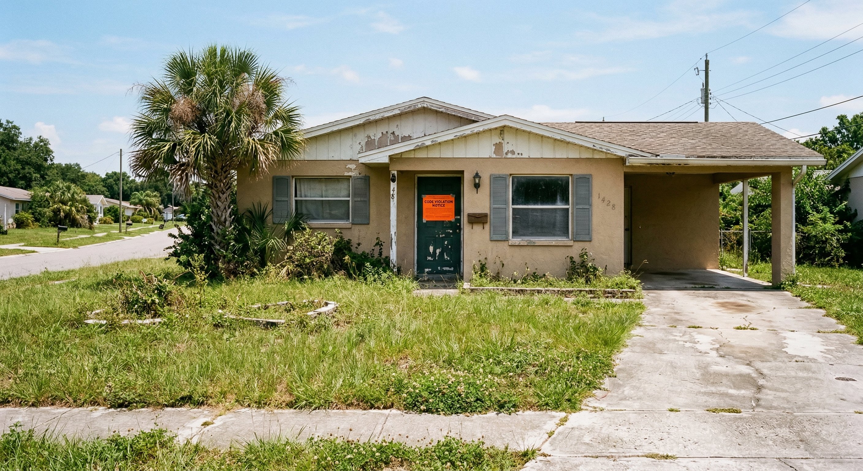 Single-story Florida stucco home with vacant appearance, overgrown landscaping, faded paint, and notice posted on front door, natural midday light, real estate documentary photography