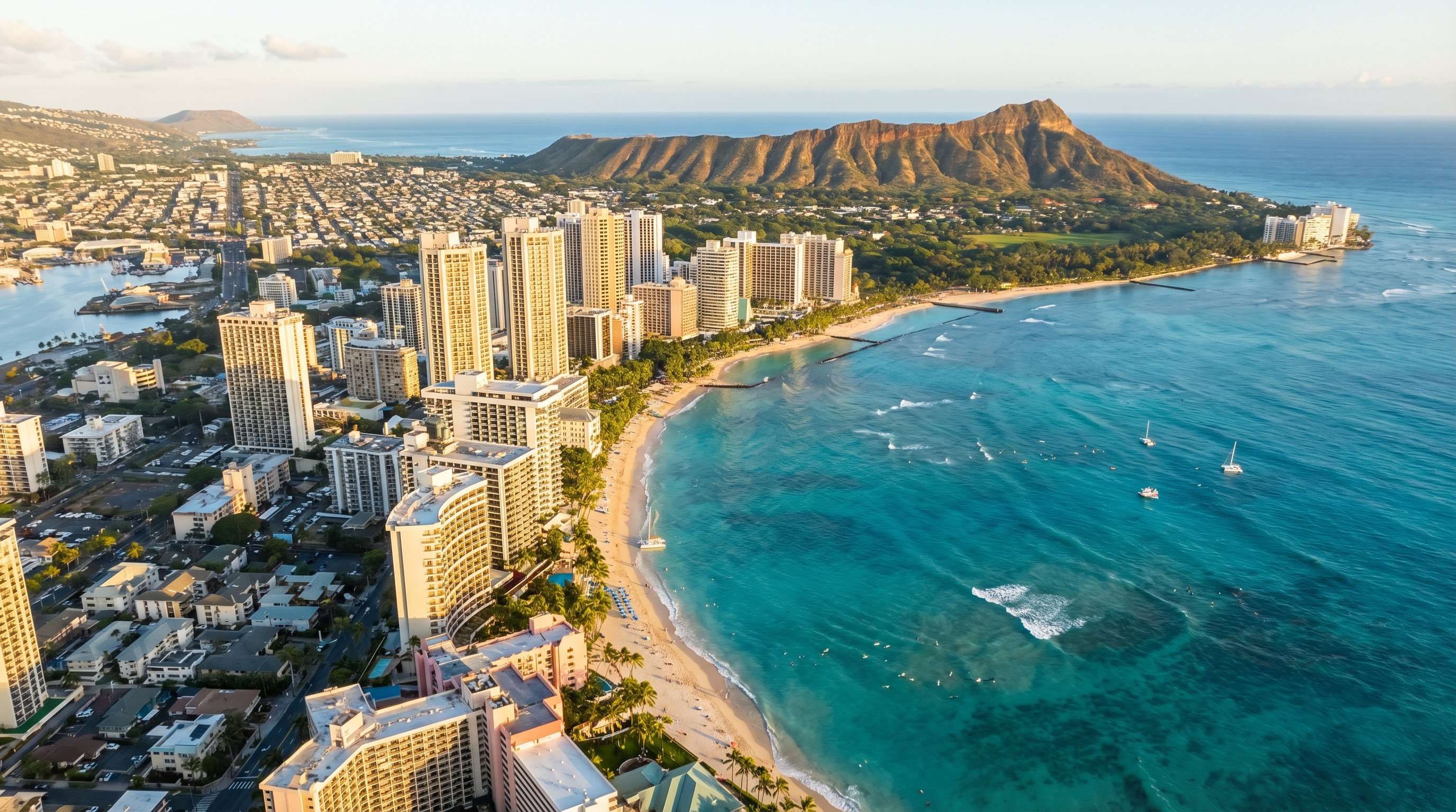 Honolulu and Waikiki aerial view with Diamond Head visible