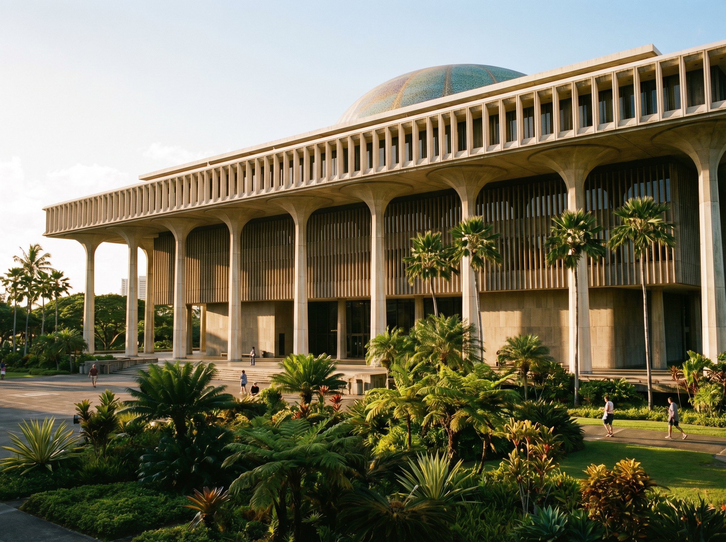 Hawaii State Capitol building with tropical landscaping