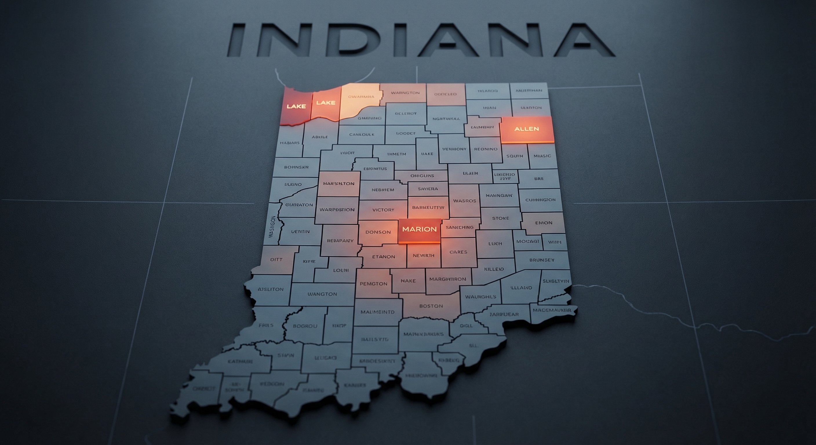 Indiana county map showing major investor markets with distress signal density indicators