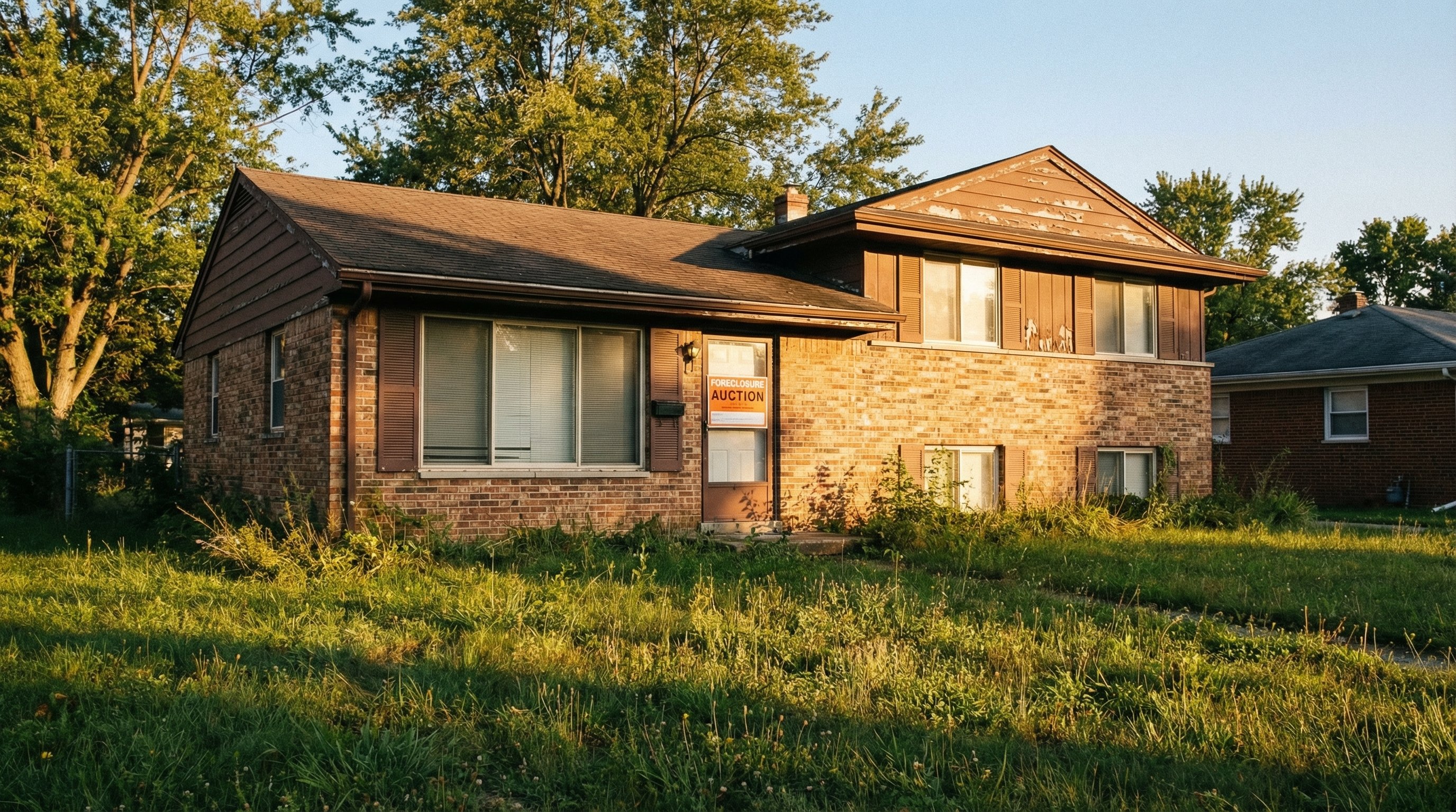 Two-story brick Indiana home with visible foreclosure notice and overgrown lawn