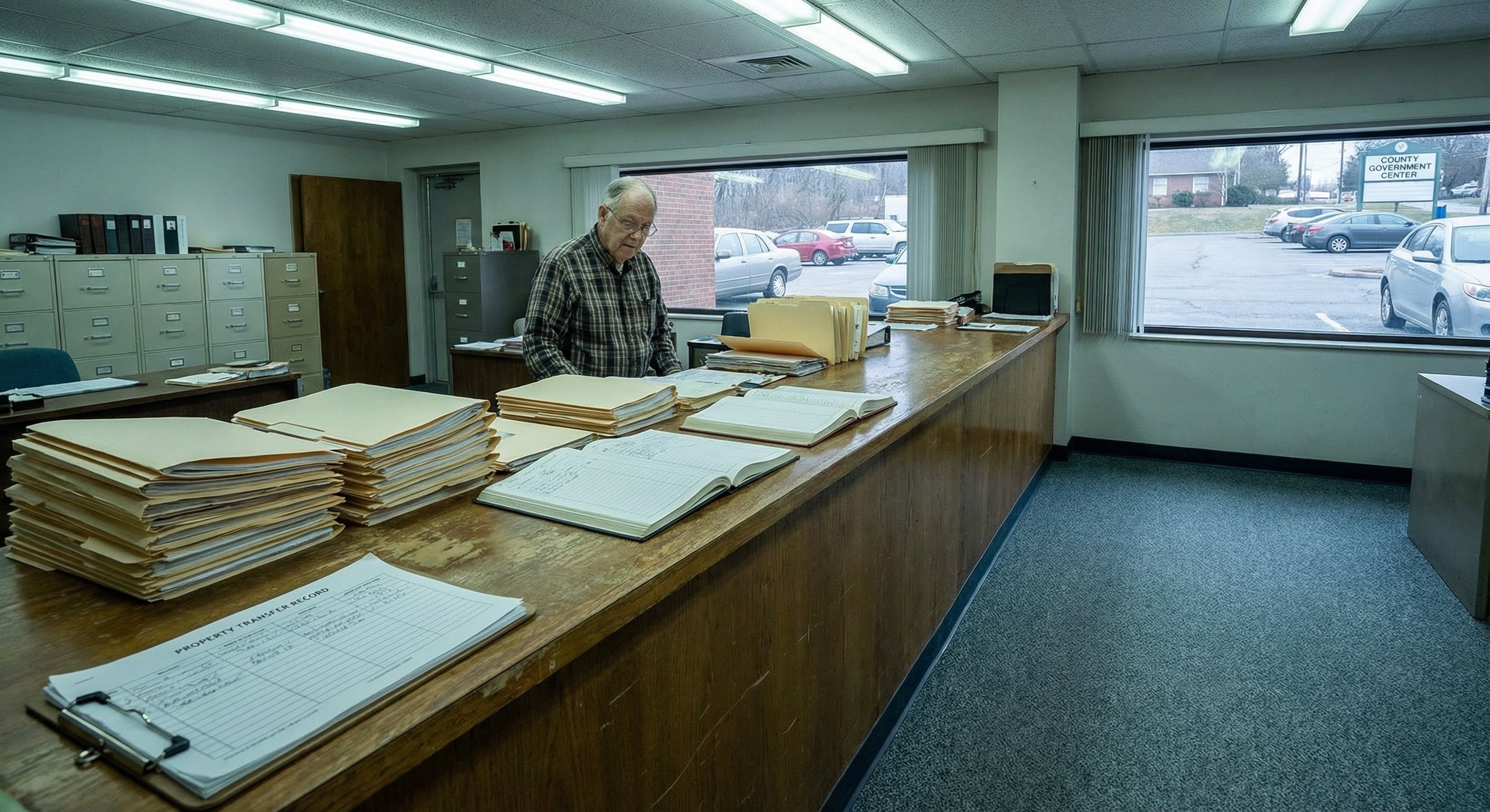 County assessor's office interior with property record documents and folders