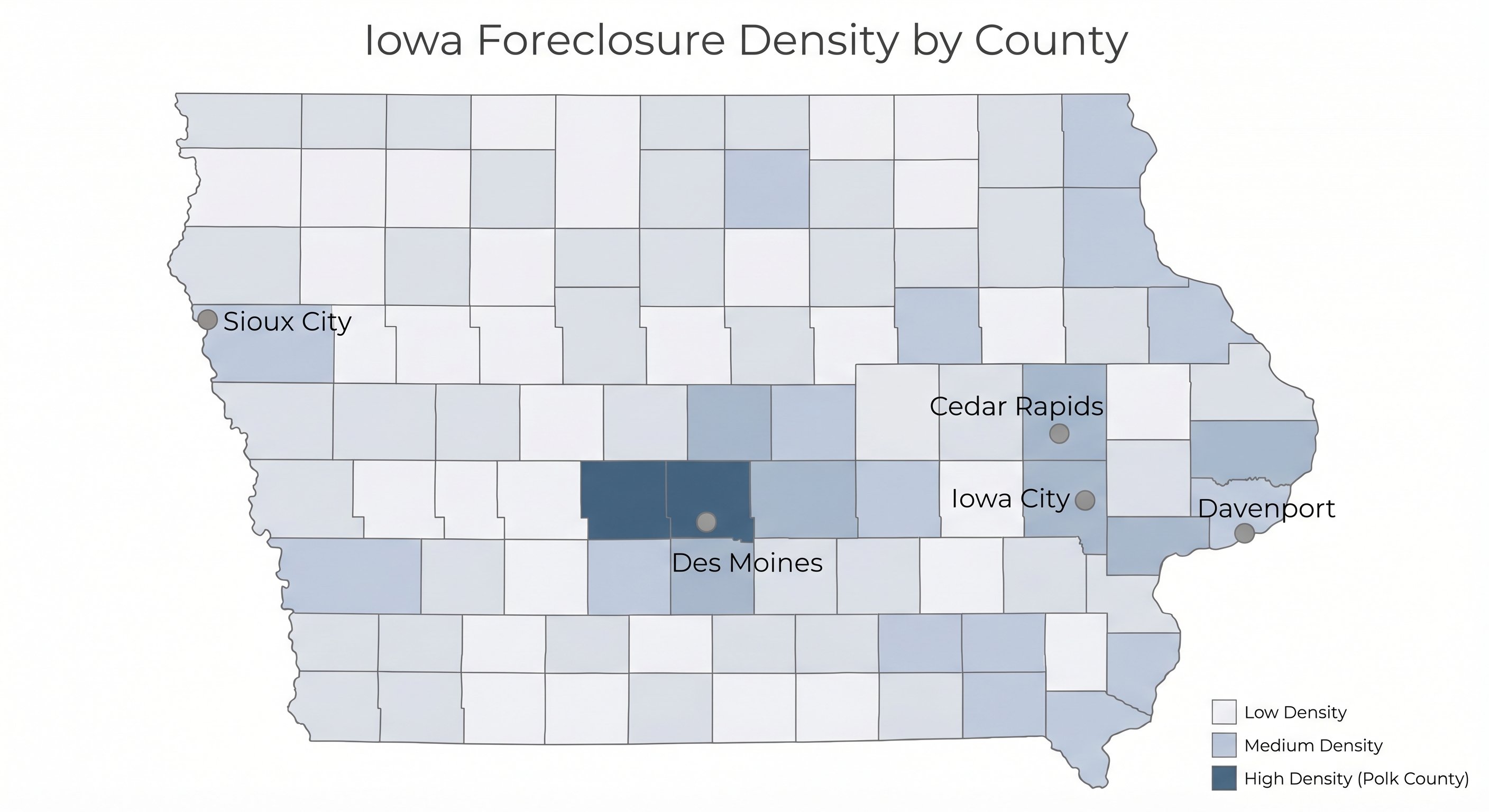 Iowa foreclosure density map showing distressed signal concentration across the state's most active counties