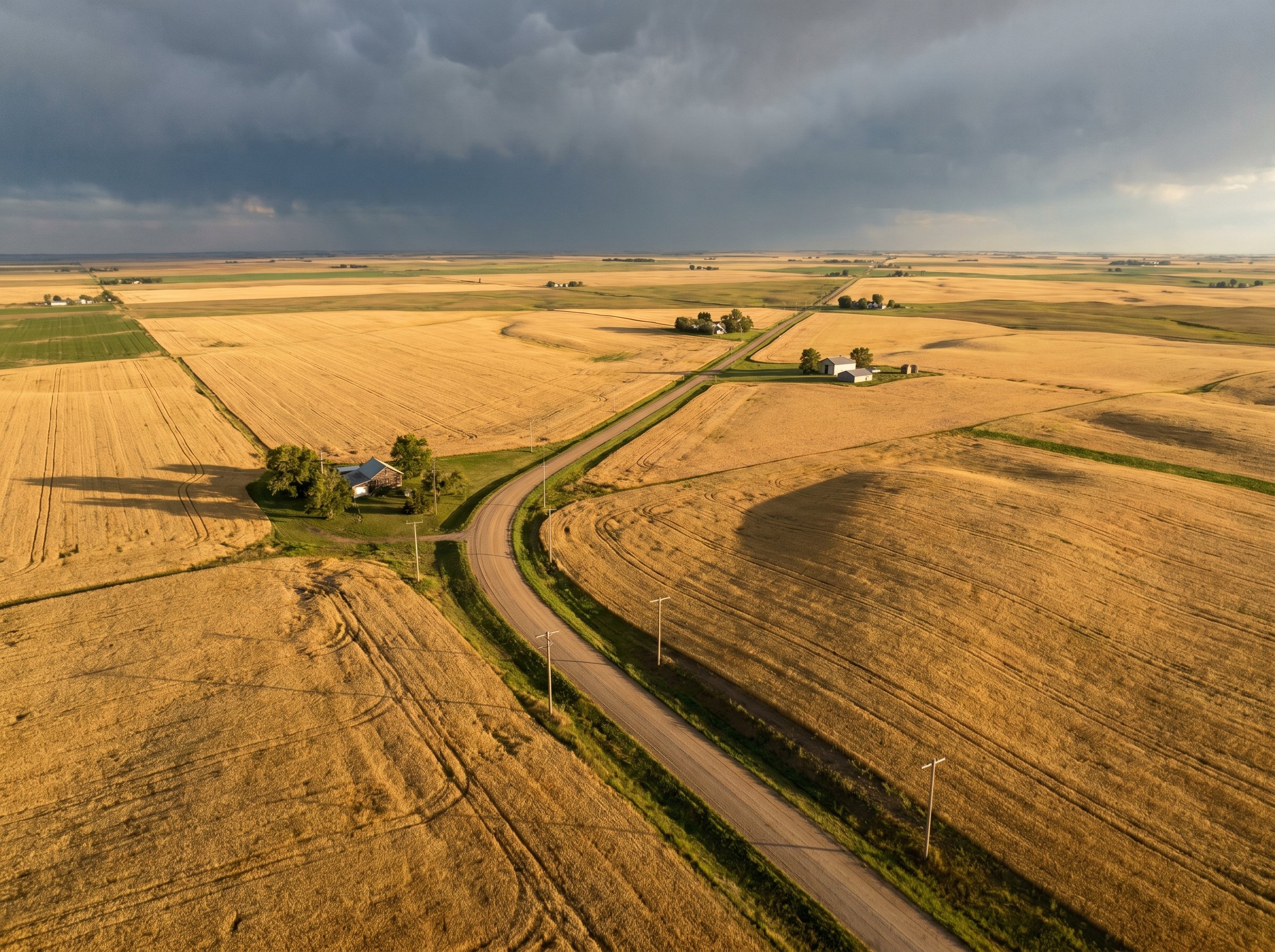 Aerial view of golden Kansas wheat fields and farmland at sunset with rural county road