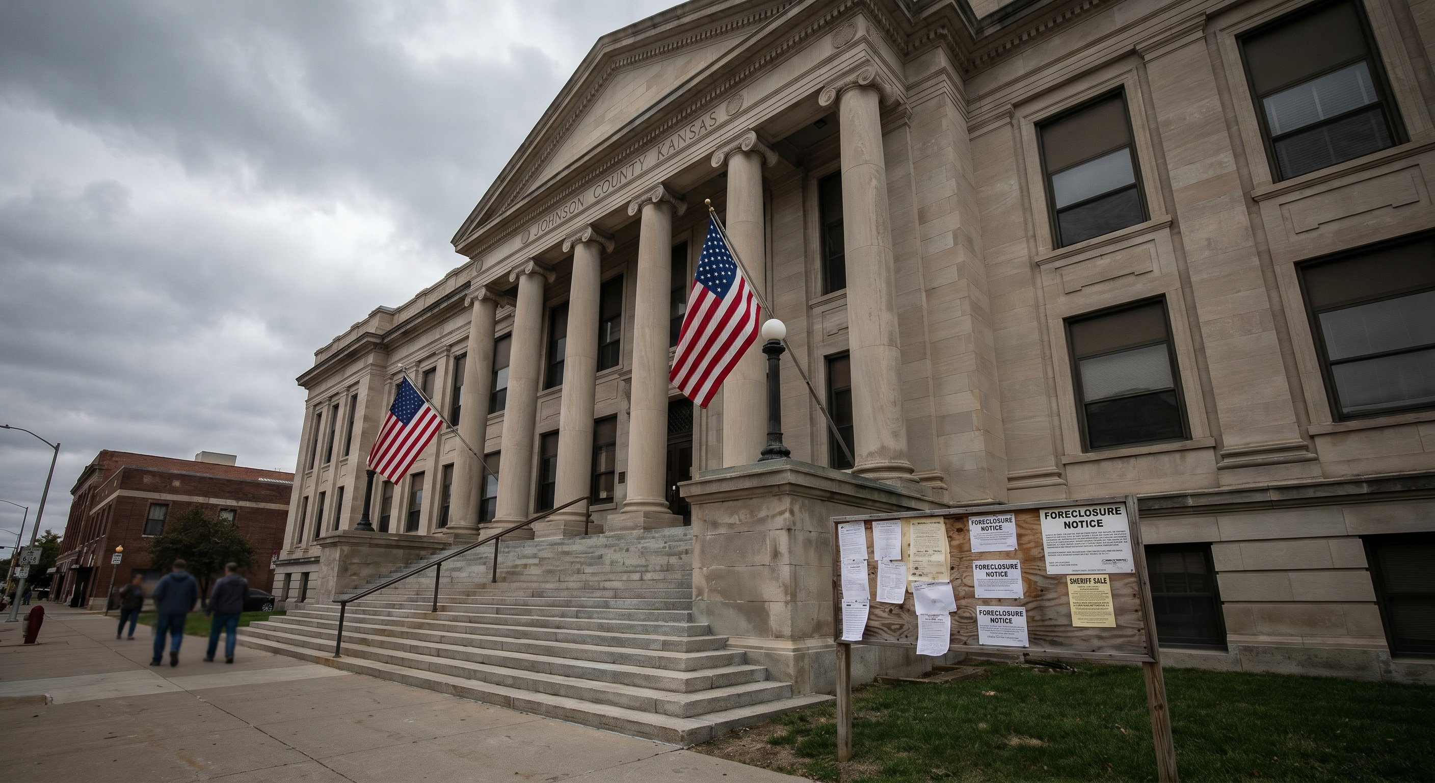 Johnson County Kansas district courthouse exterior with columns and posted foreclosure notices