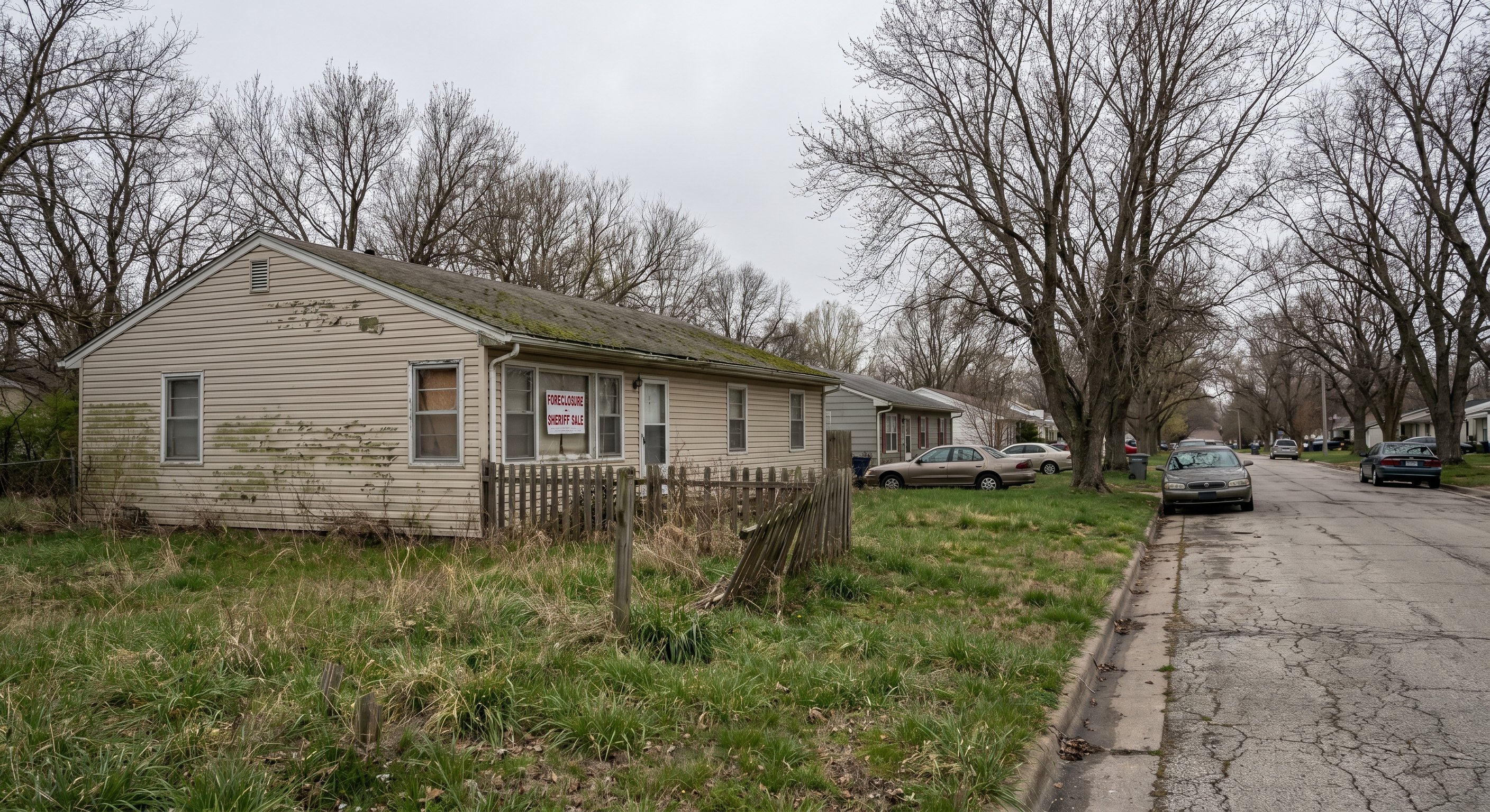 Neglected Kansas single-family home with peeling siding and foreclosure signs in window