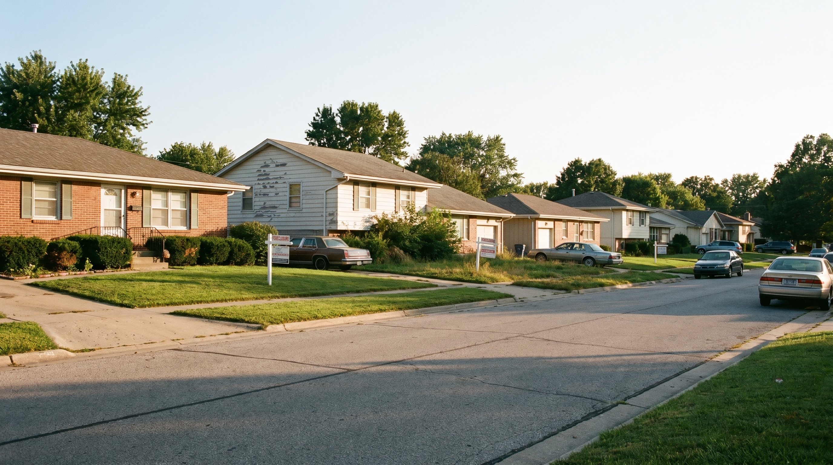 Kansas suburban street with varied property conditions and foreclosure signs in Overland Park