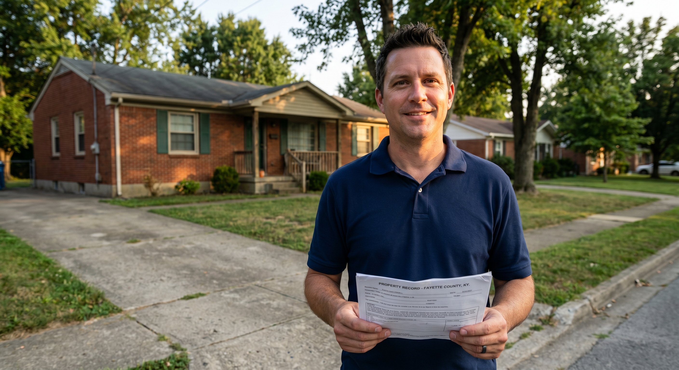A real estate investor surveying a Kentucky residential property on a quiet street with a for-sale-by-bank sign visible down the block