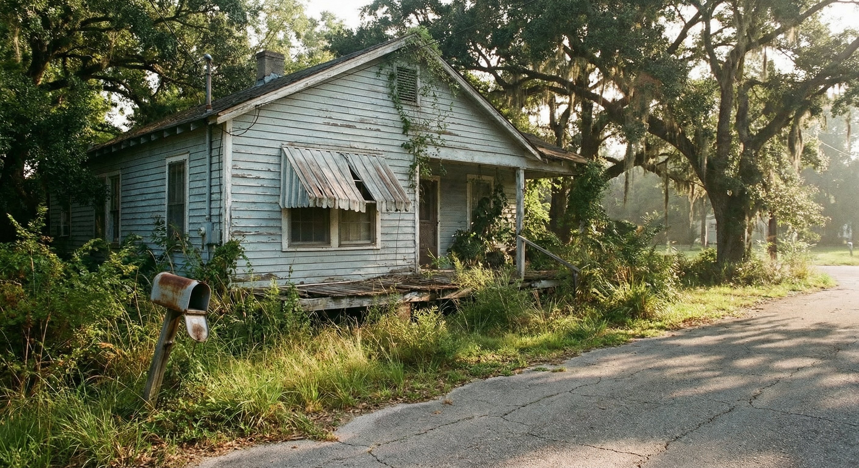 Weathered Louisiana shotgun cottage with overgrown yard and peeling paint